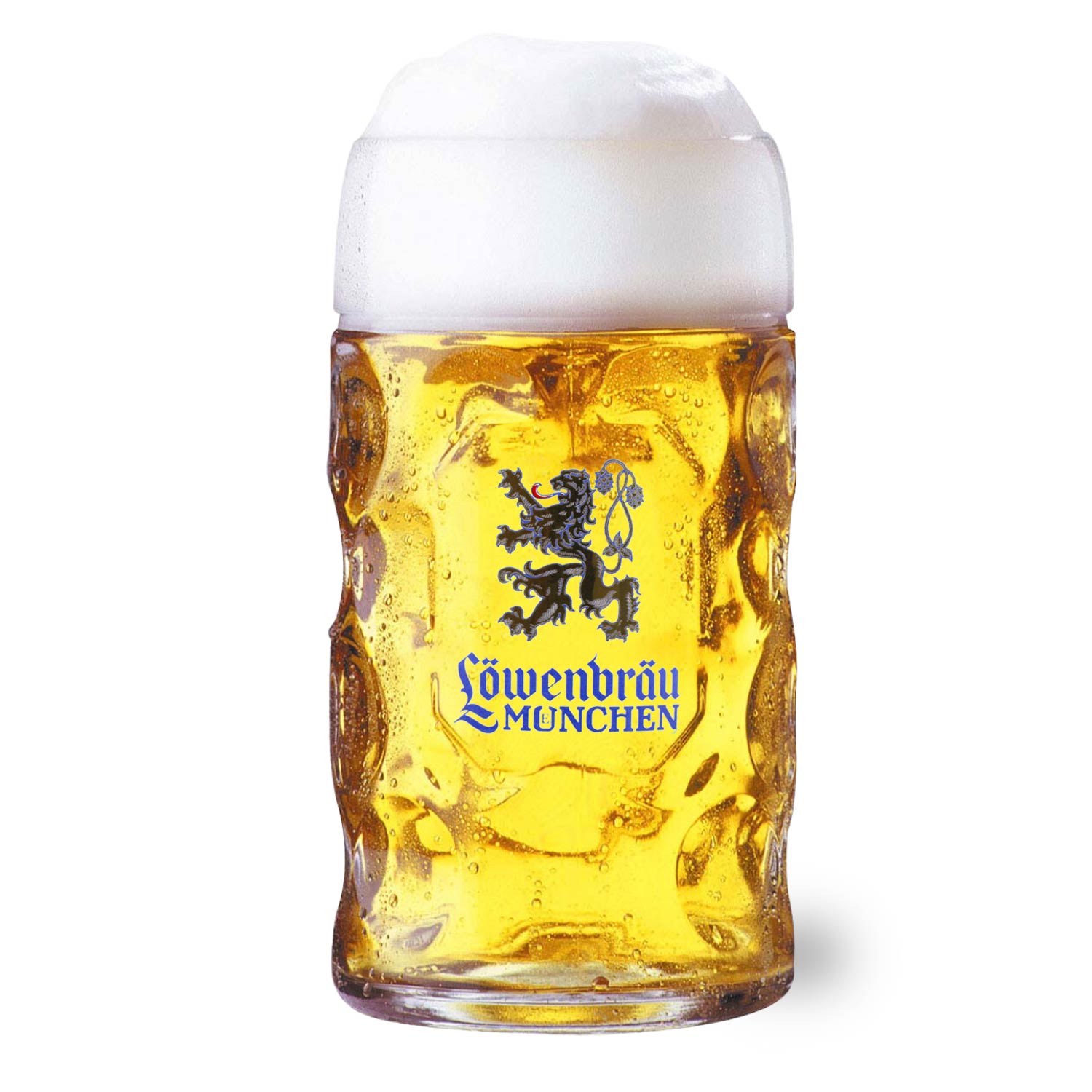 Masskrug "Oktoberfest-Box Löwenbräu 2" gefüllt mit hellem Bier und schaumiger Krone, blaues Löwenbräu Logo.