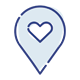 Blauer Standort-Pin mit weißem Herzsymbol für bevorzugte Orte und Wunschlisten im Online-Shop.
