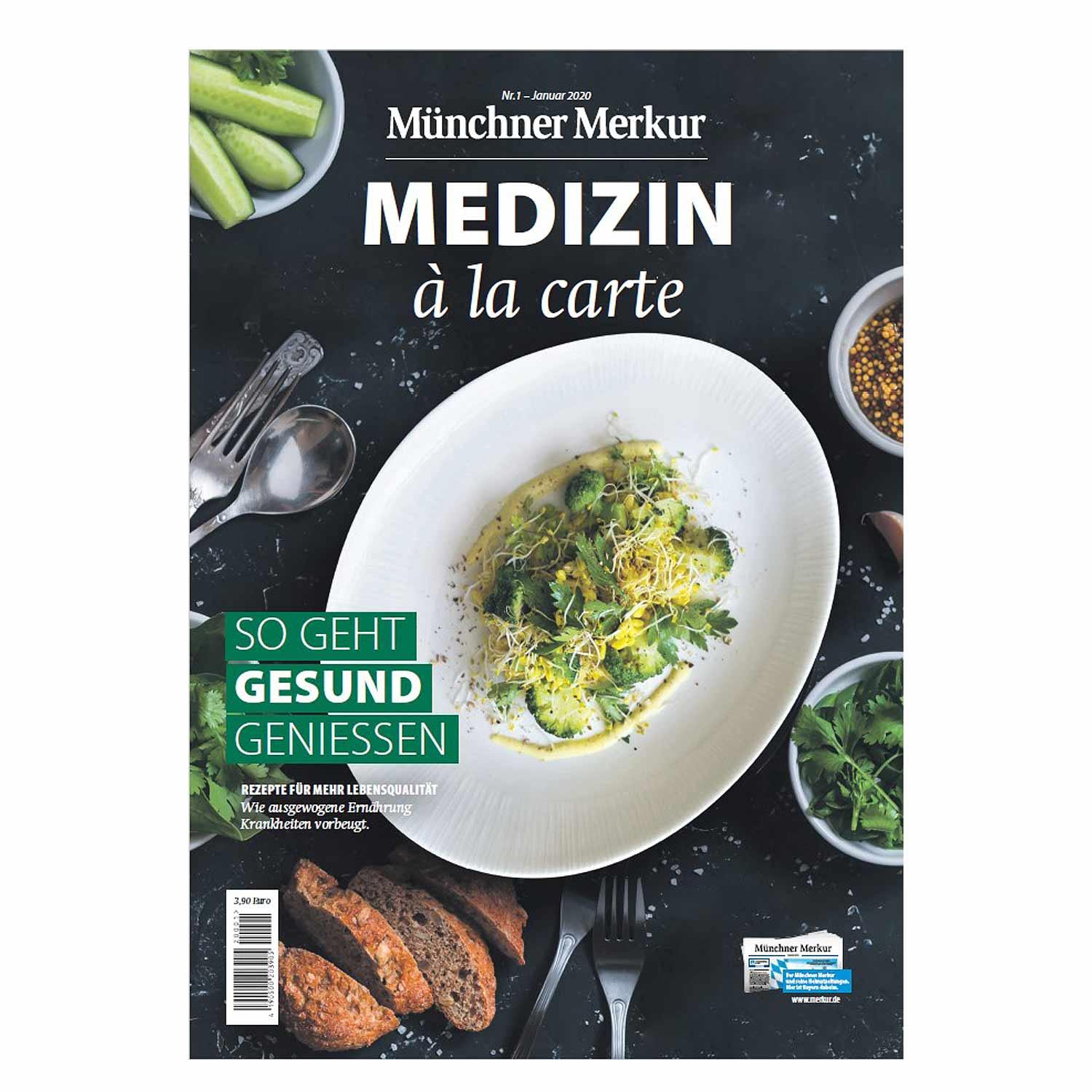 Vorderseite des Magazins "Medizin à la carte" mit gesundem Gericht, frischen Zutaten und Besteck.