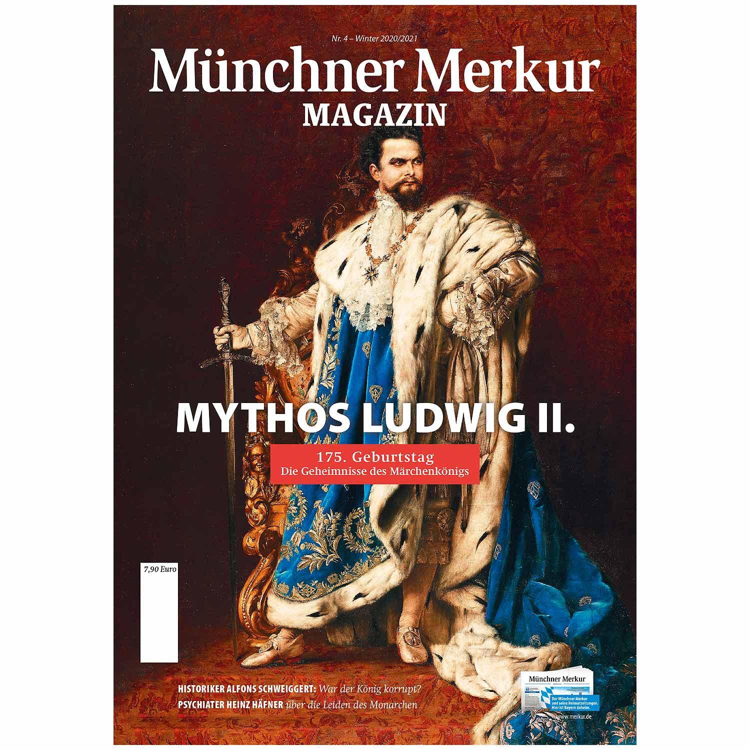 Magazin Mythos Ludwig II. mit Porträt des bayerischen Königs in historischem Ornat, Schwert und Hermelin.