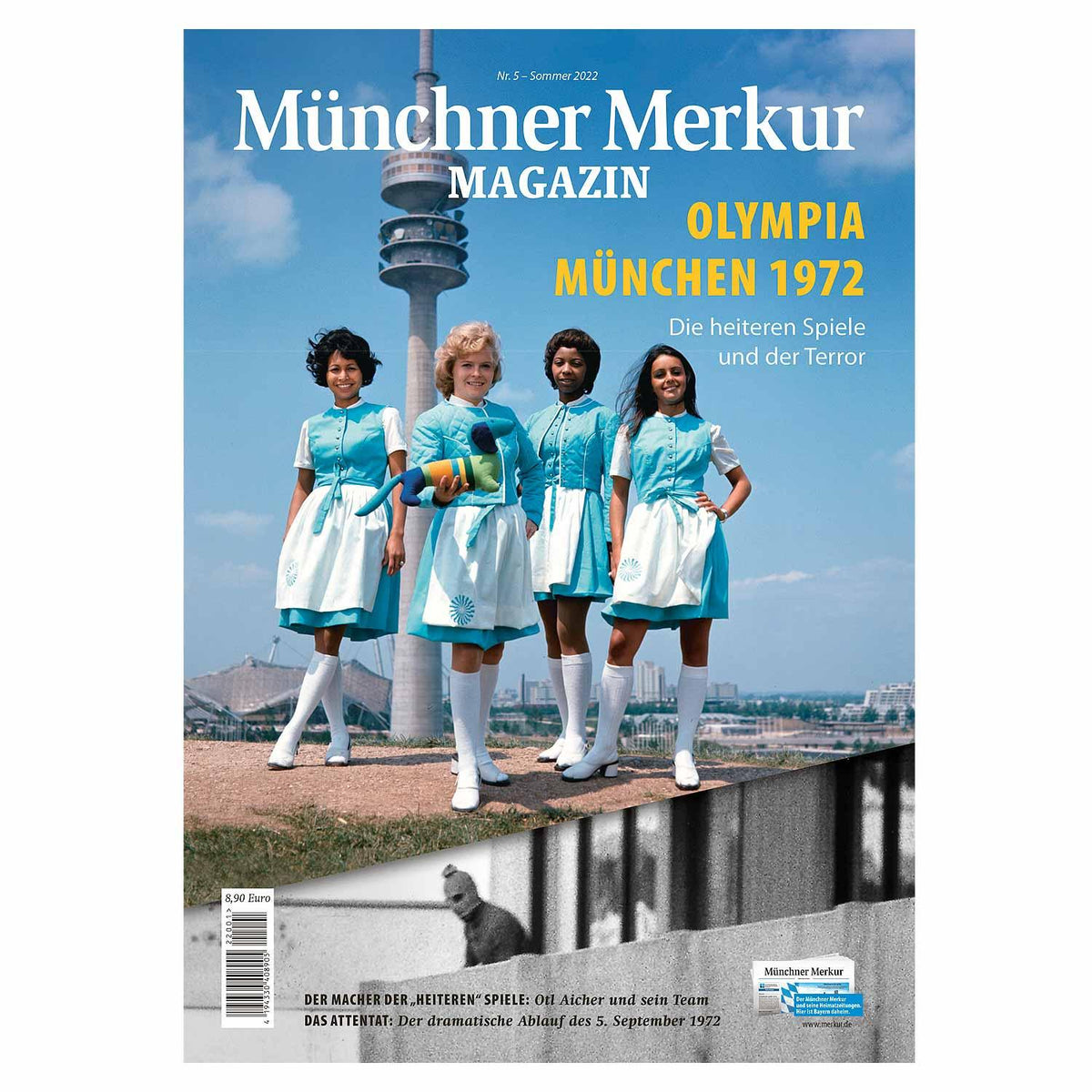 Magazin Olympia München 1972 Titelbild mit vier Frauen in blauen Kleidern vor Olympiaturm, Detail Schwarz-Weiß Bild.