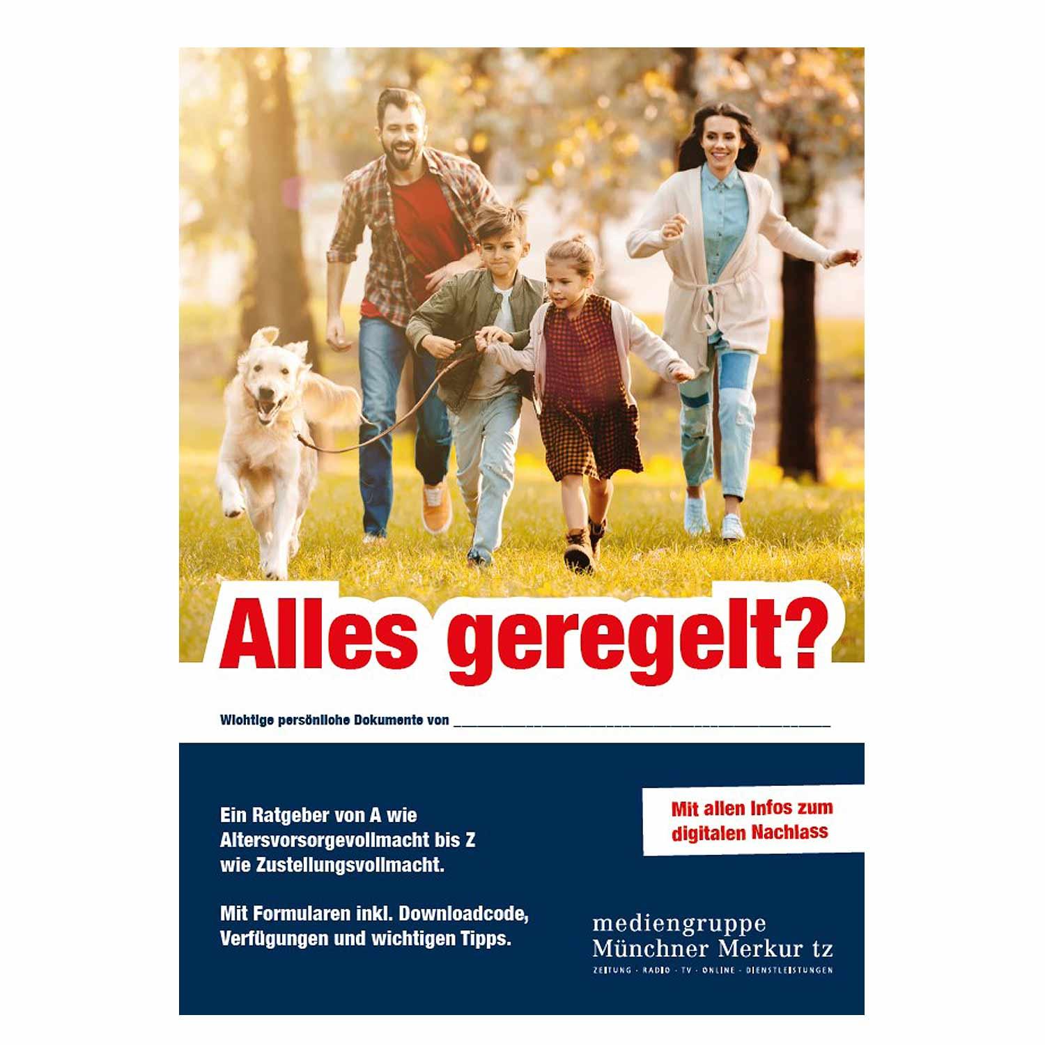 Ratgeber Alles geregelt?: Vorderseite des Magazins mit Familie und Hund im Park, wichtigen Informationen zu Vorsorgevollmacht und digitalem Nachlass.