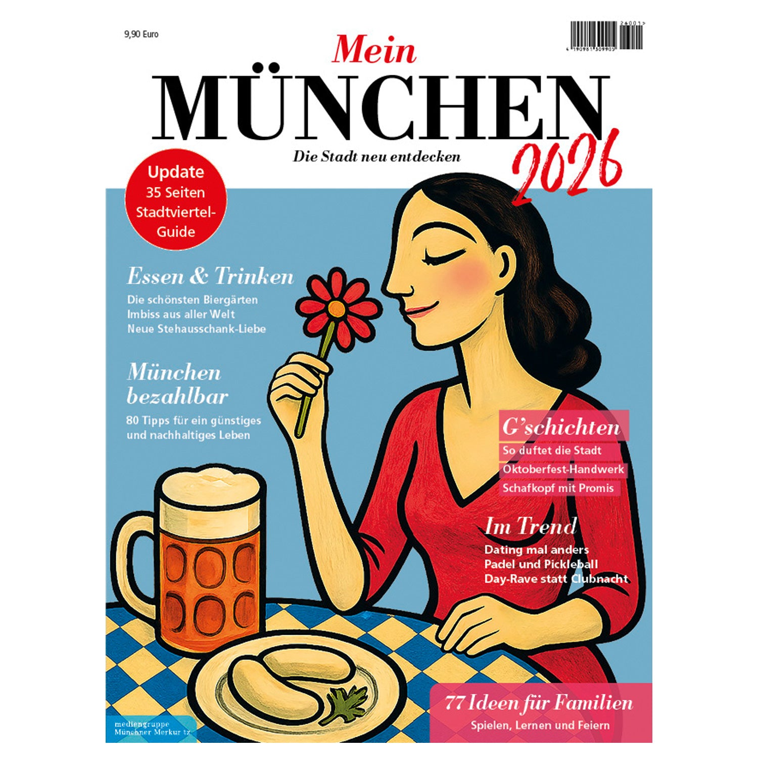Magazin Mein München 2026: Frau mit Blume, Bierkrug und Münchner Spezialitäten. 35 Seiten Stadtviertel-Guide.