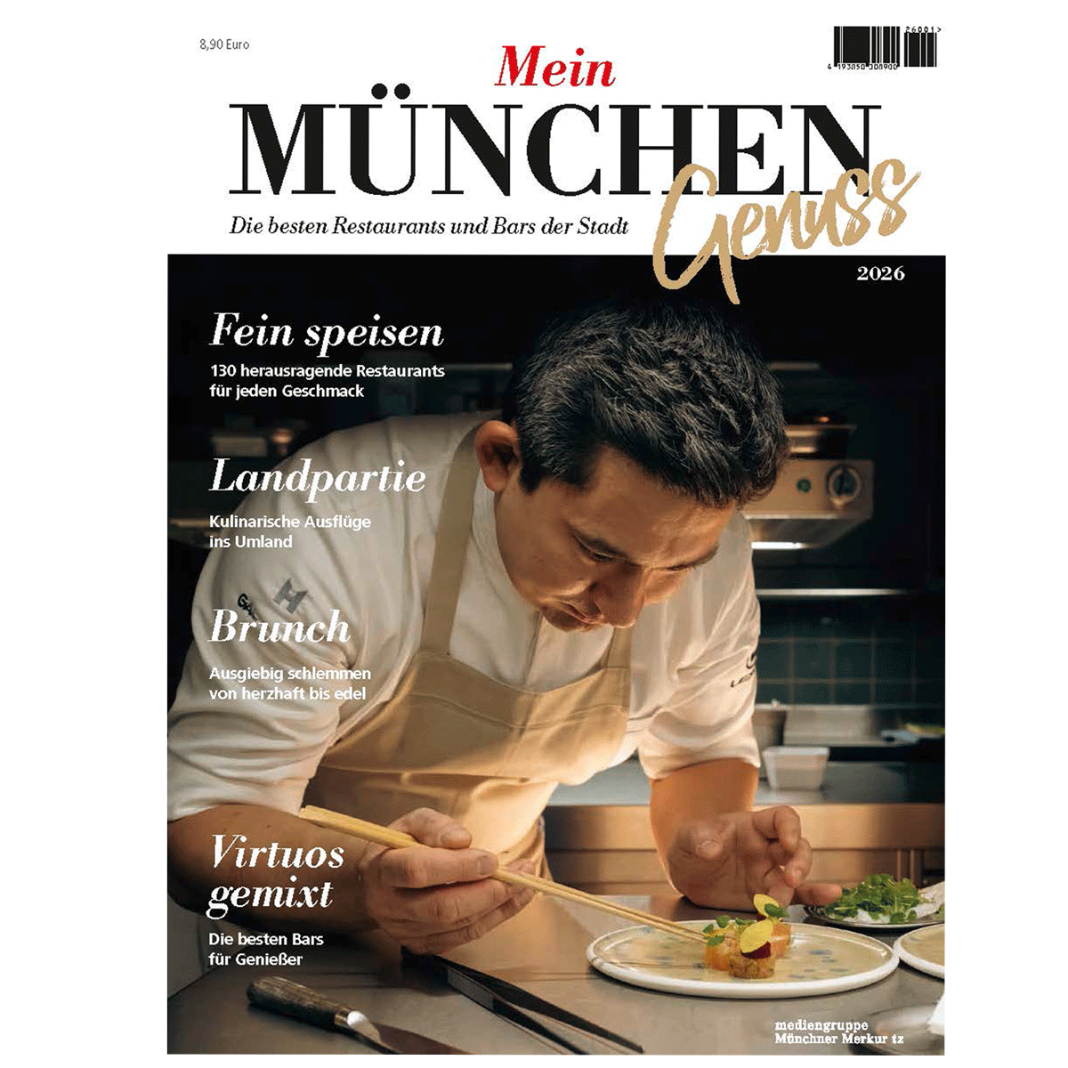 Mein München Genuss 2026 Magazin-Cover mit Koch, der Gericht kunstvoll anrichtet.