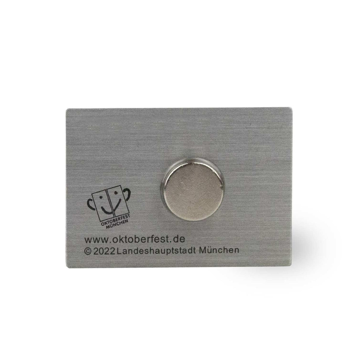 Magnet Oktoberfest 2022 klein, silberfarbenes Metall mit Oktoberfest München Logo und URL
