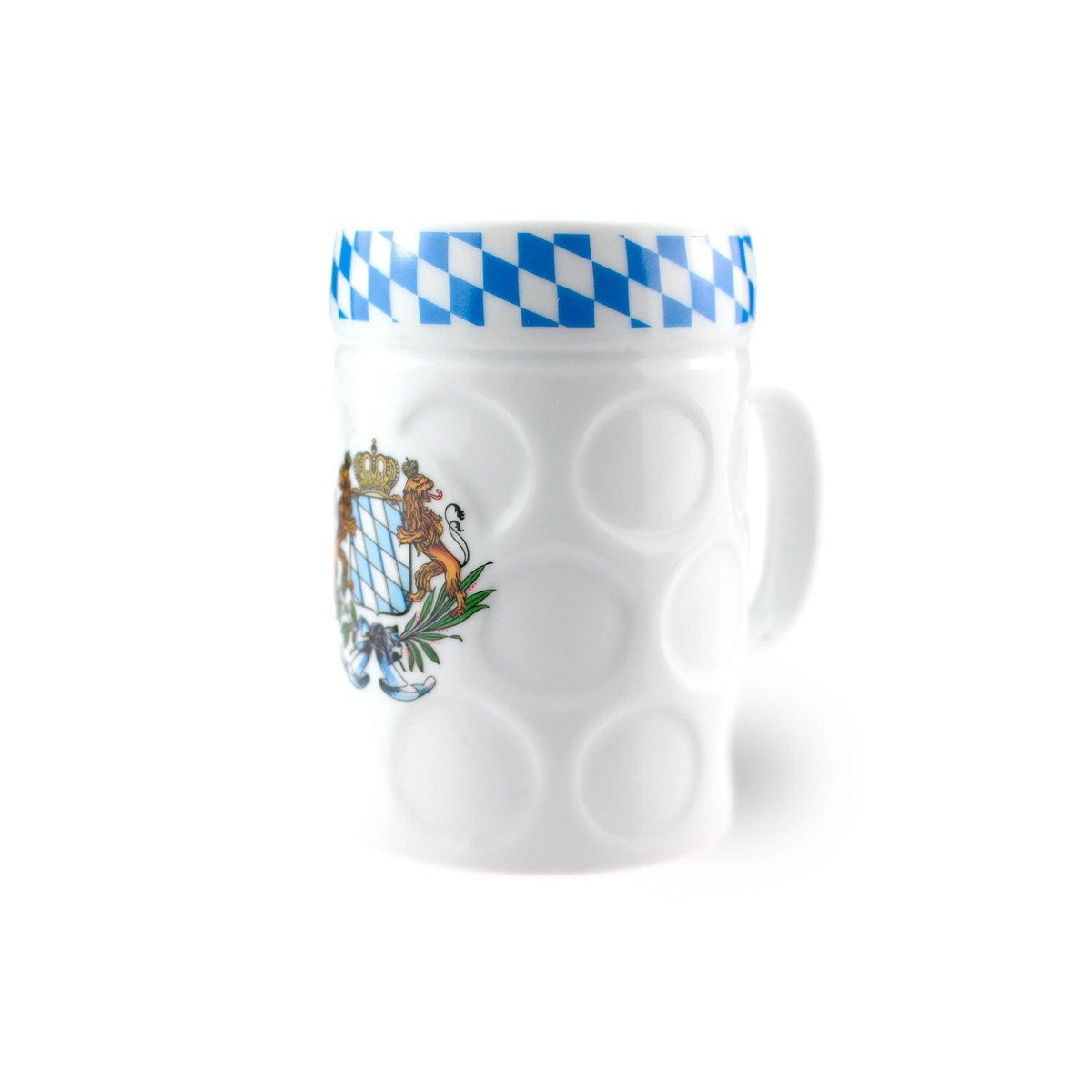 Maßkrug Kaffeetasse seitlich mit Henkel rechts – Bierkrug-Tasse aus Porzellan mit Noppen, Rautenrand und Bayern-Wappen
