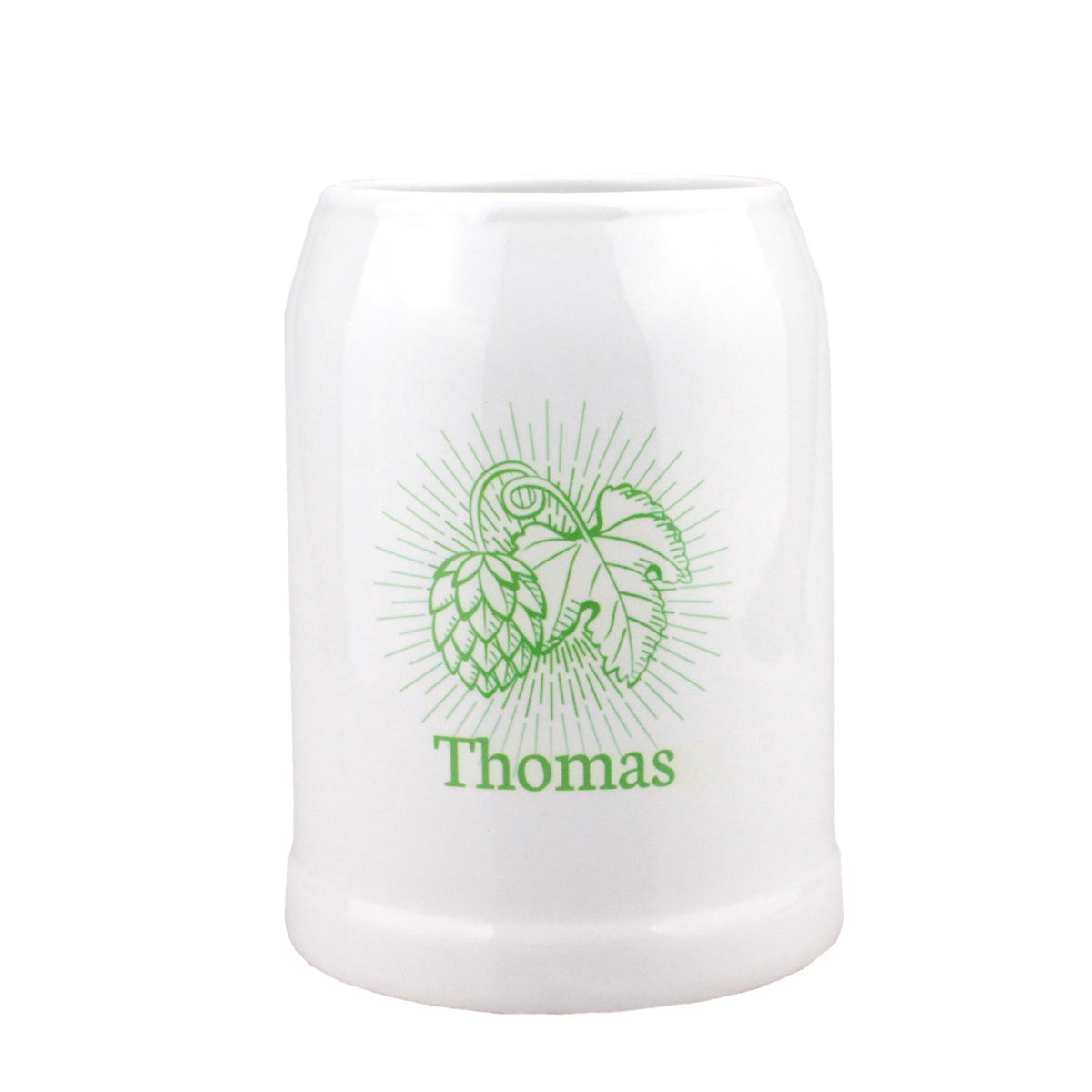 Weißer Keramik-Bierkrug mit grünem Hopfen-Design und personalisiertem Namen Thomas