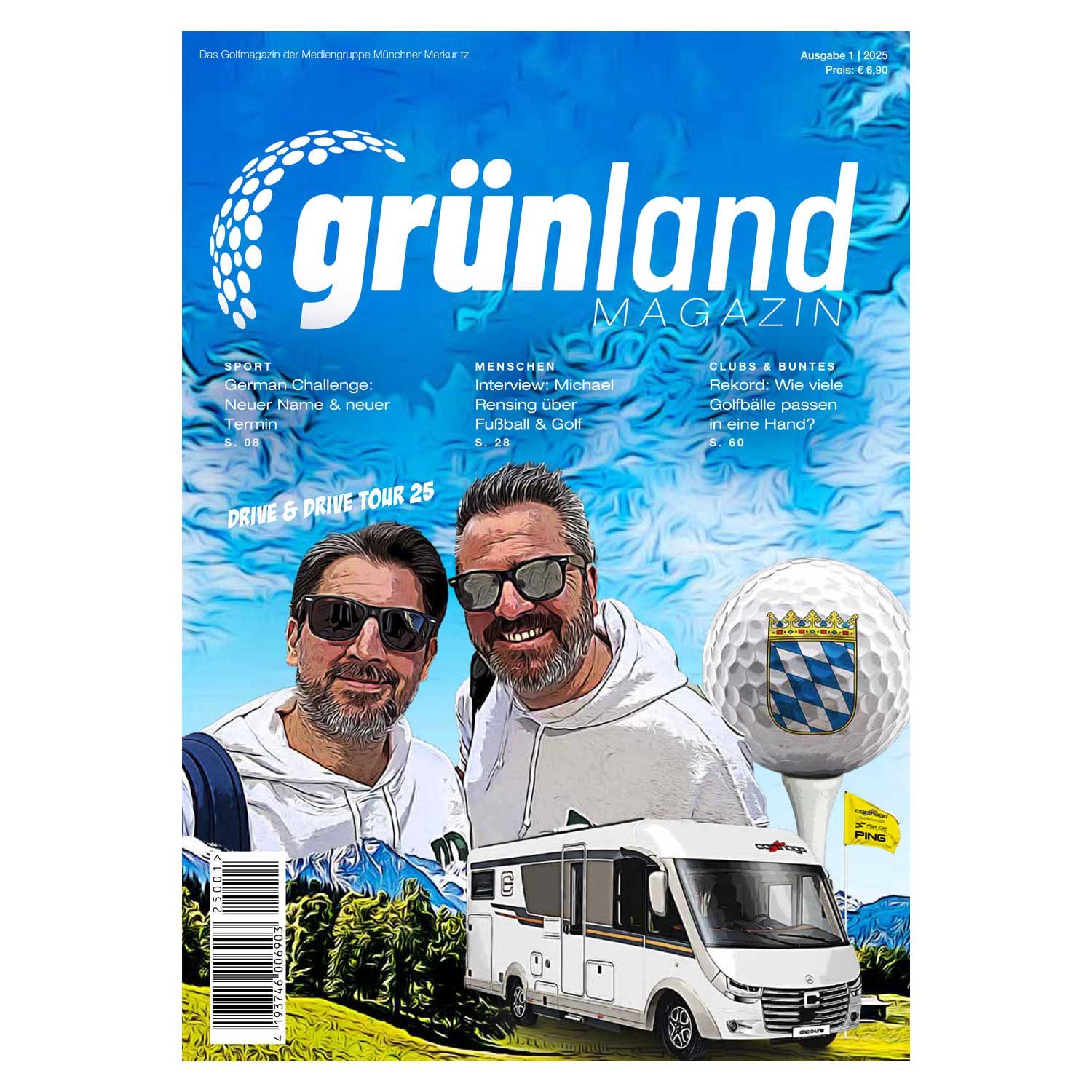 Magazin Grünland Ausgabe 1 / 2025 mit Coverbild von zwei Männern, Golfball und Wohnmobil vor Bergkulisse.