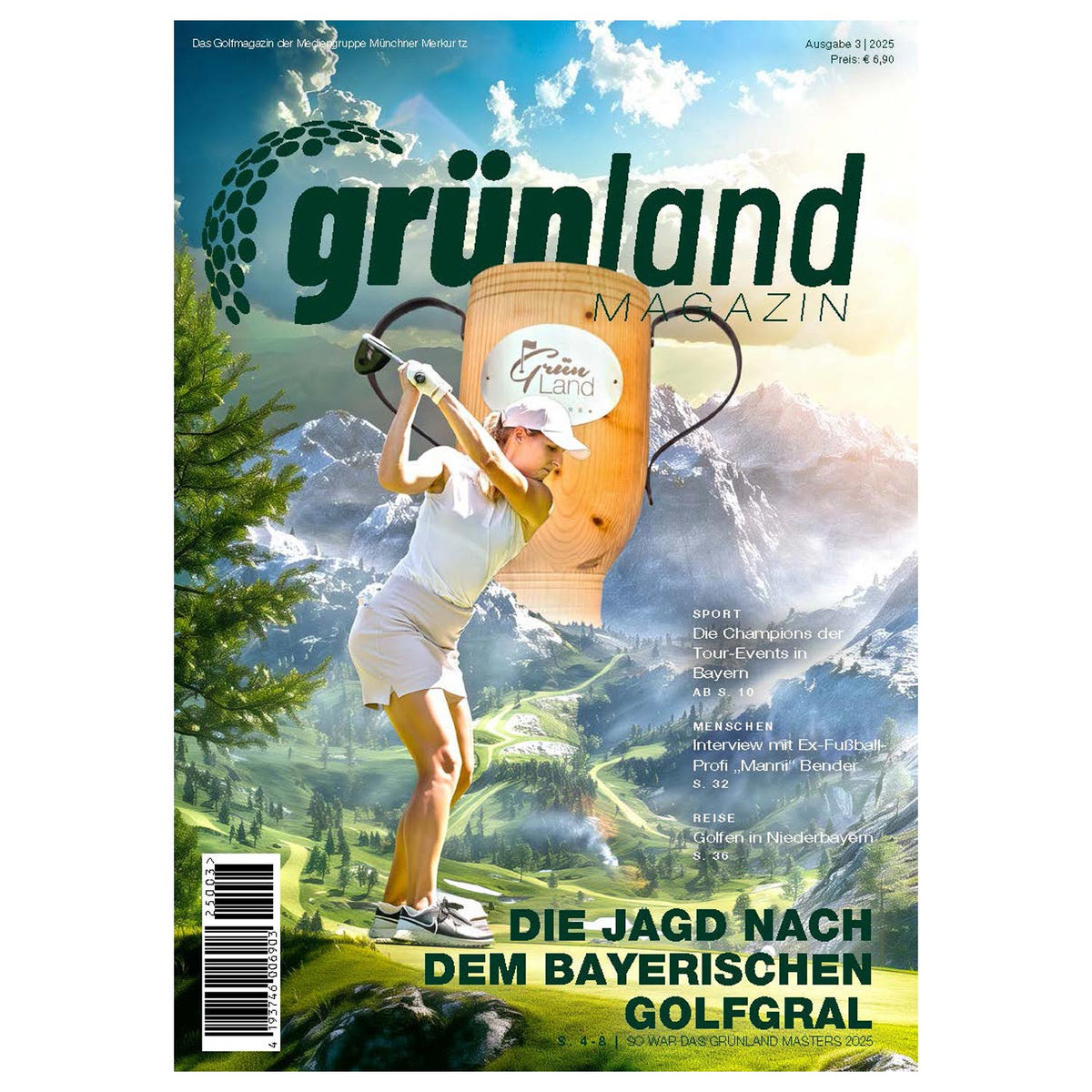 Grünland - Das Golfmagazin Ausgabe 3 / 2025 mit Golferin beim Abschlag und Bergkulisse.