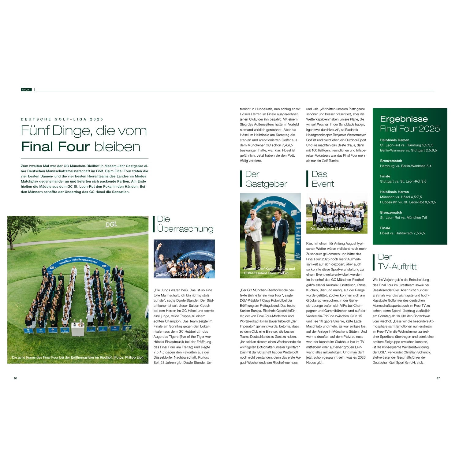 Magazin Grünland - Das Golfmagazin Ausgabe 3 / 2025: Geöffnete Seite zu den Ergebnissen des Final Four 2025.