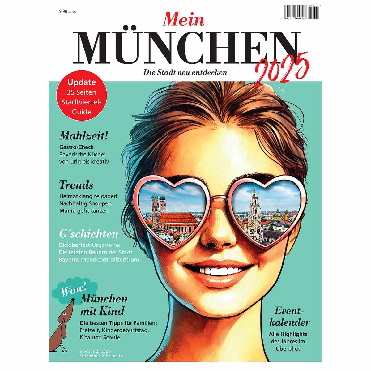 Titelbild Magazin Mein München 2025 mit lächelnder Frau und Münchner Wahrzeichen in Herz-Sonnenbrille