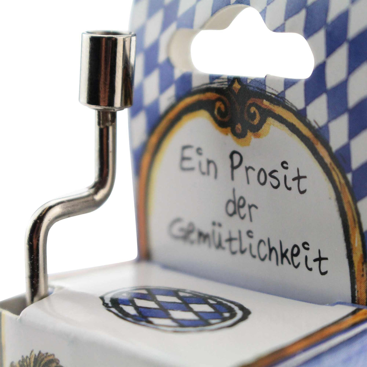 Bayerischer Flaschenöffner mit Rautenmuster und Aufschrift "Ein Prosit der Gemütlichkeit", ideal für Oktoberfest.