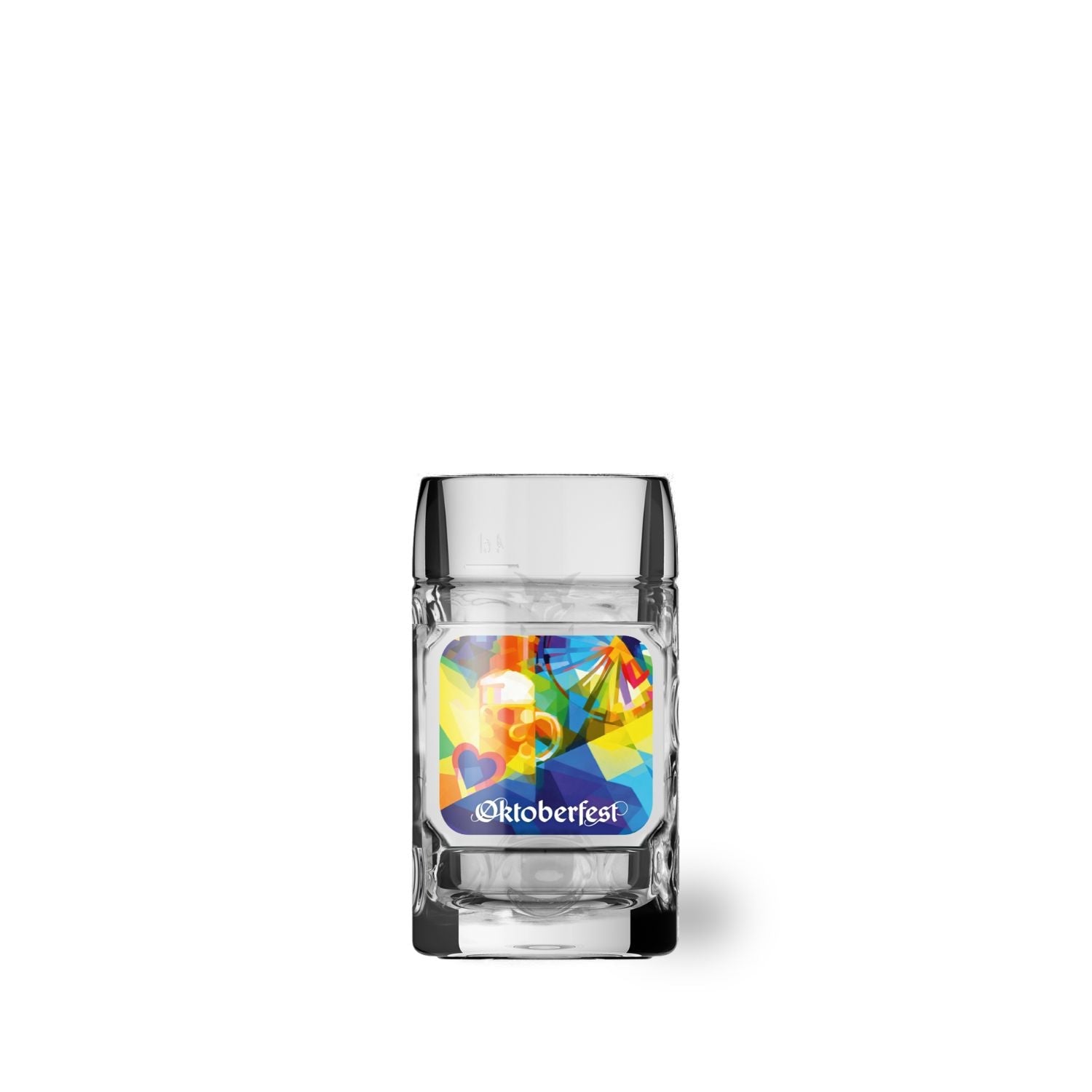 Klarer Mini-Maßkrug mit farbigem Oktoberfest 2026 Logo, Bierkrug-Symbol und Herz-Motiv.