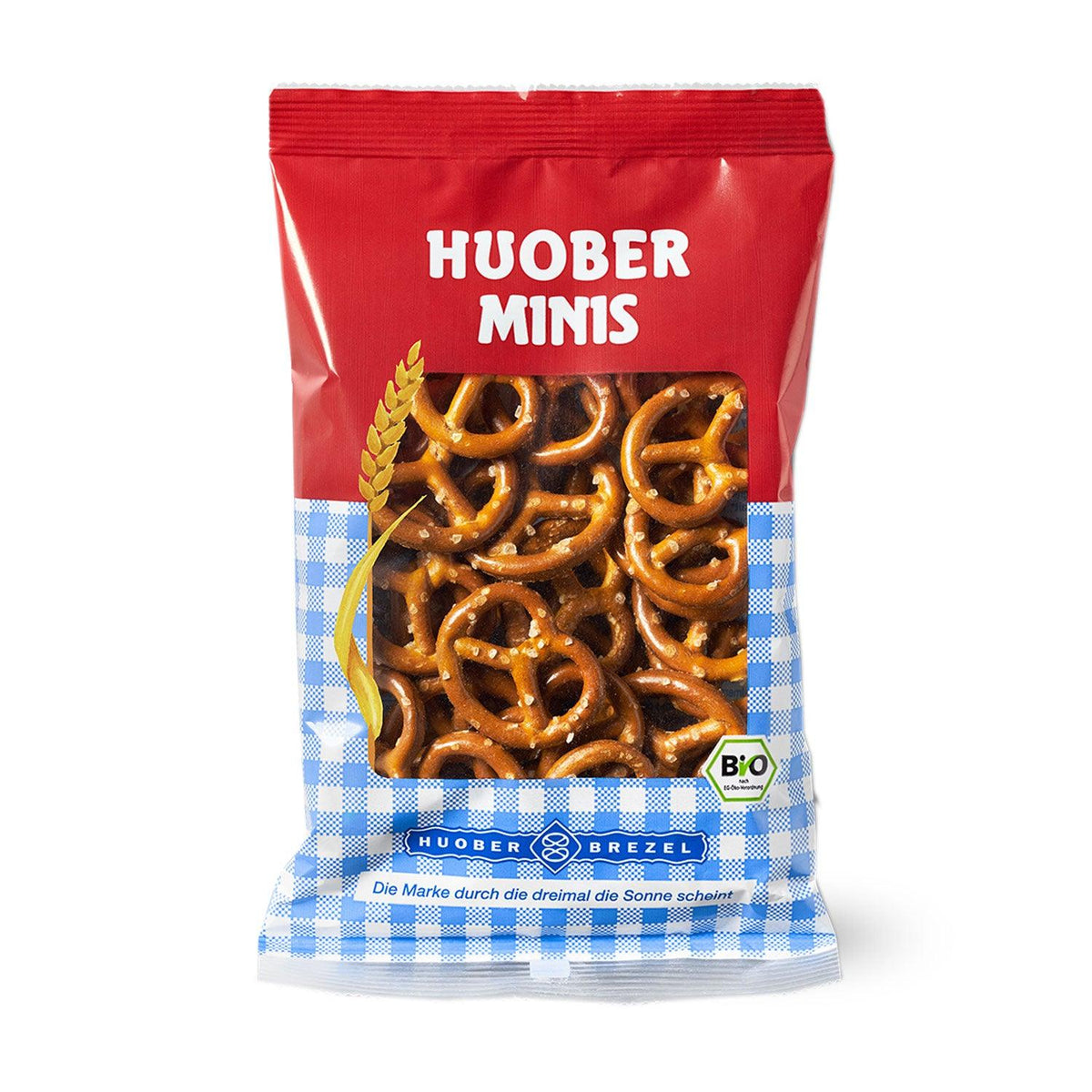 HUOBER MINIS Brezel Minibrezels in rot-weiß-blau karierter Packung, Teil der Oktoberfest-Box An Guadn