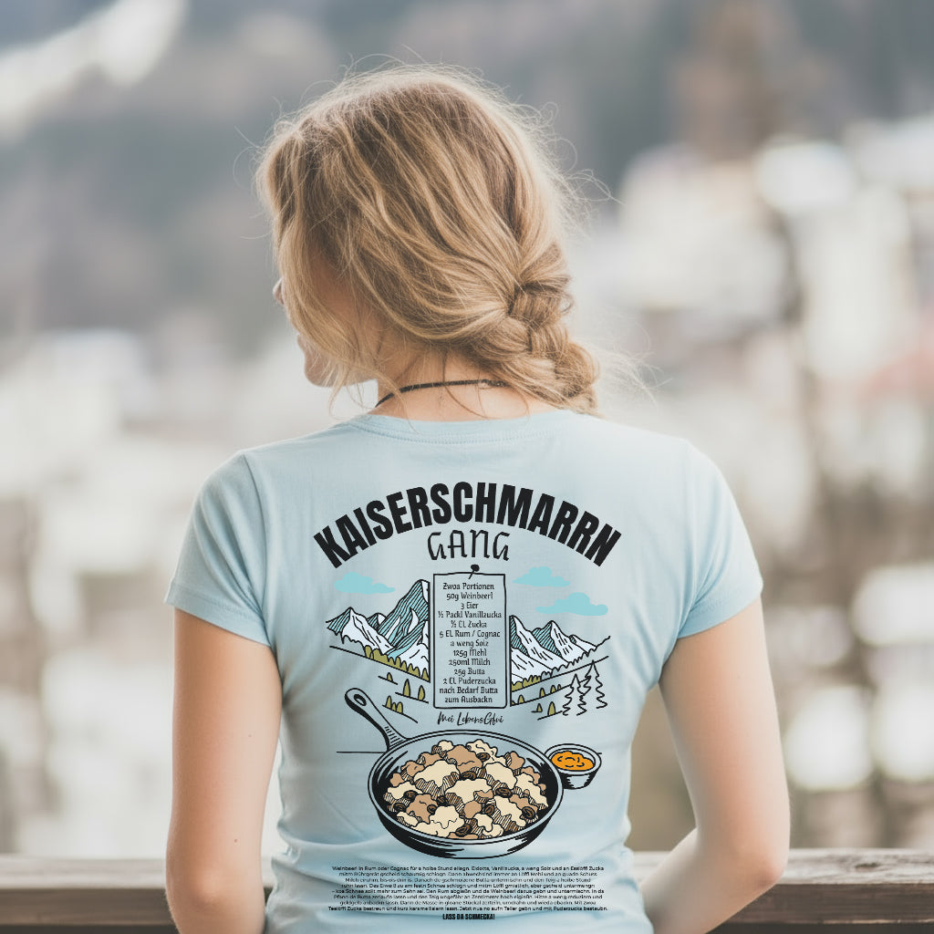 Rückansicht des Damen Rezept T-Shirts "Kaiserschmarrn Gang" mit Kaiserschmarrn-Grafik und Zutatenliste.