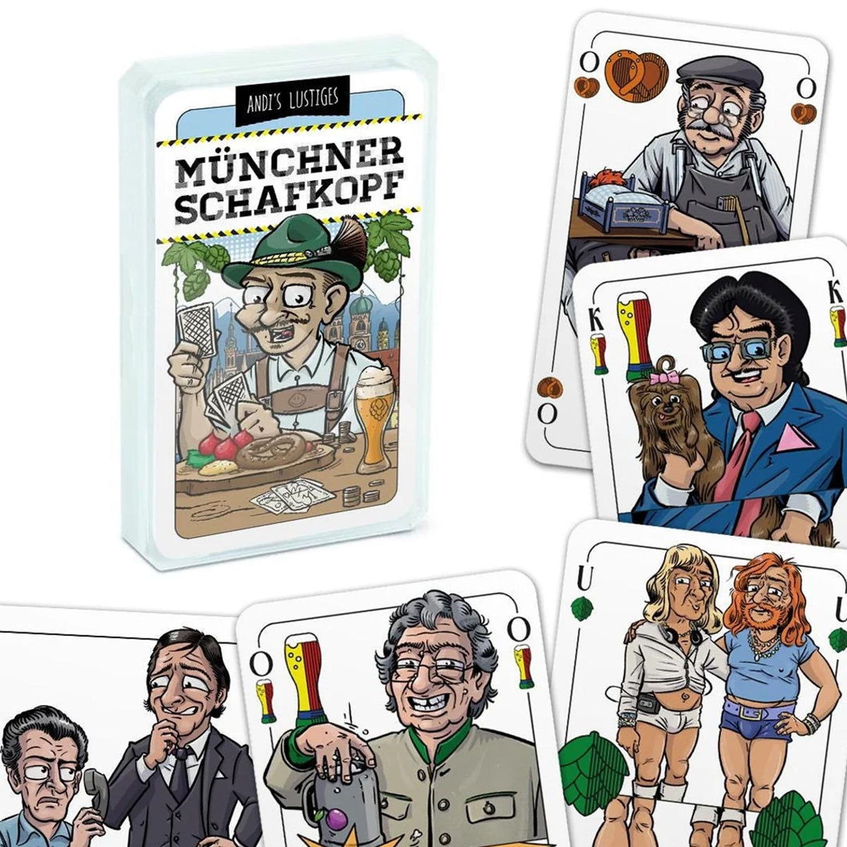 Münchner Schafkopf Karten Packung mit lustigen Charaktere wie bayerischen Figuren und Brauerei Motiven.