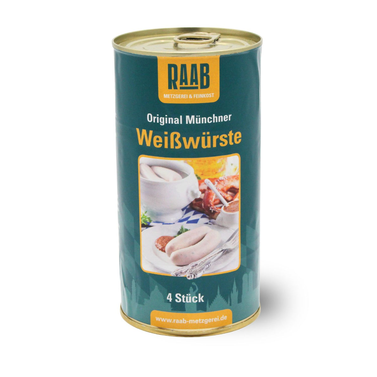 Grüne Dose Original Münchner Weißwürste 4 Stück mit Produktbild der fertigen Würste serviert.