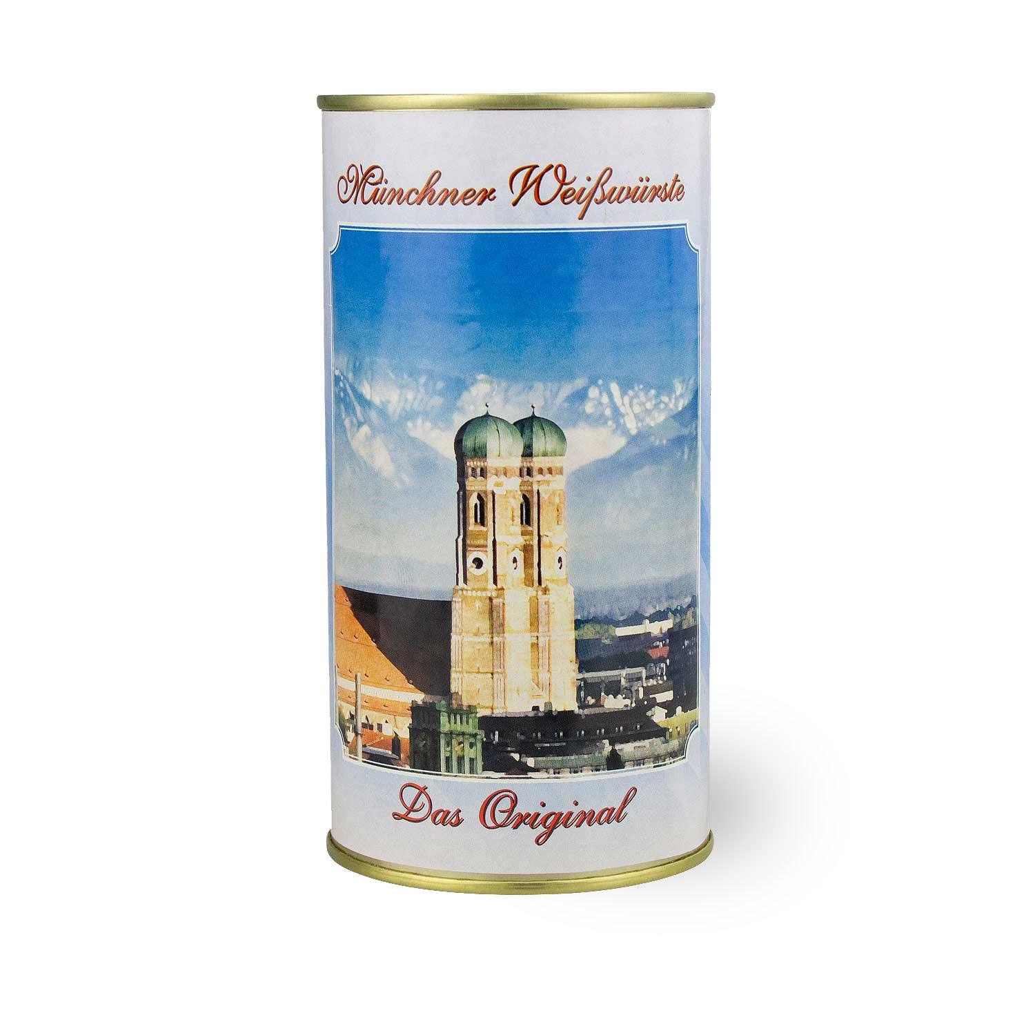 Oktoberfest-Box Mahlzeit Blechdose mit Frauenkirche München Motiv, Aufschrift Münchner Weißwürste