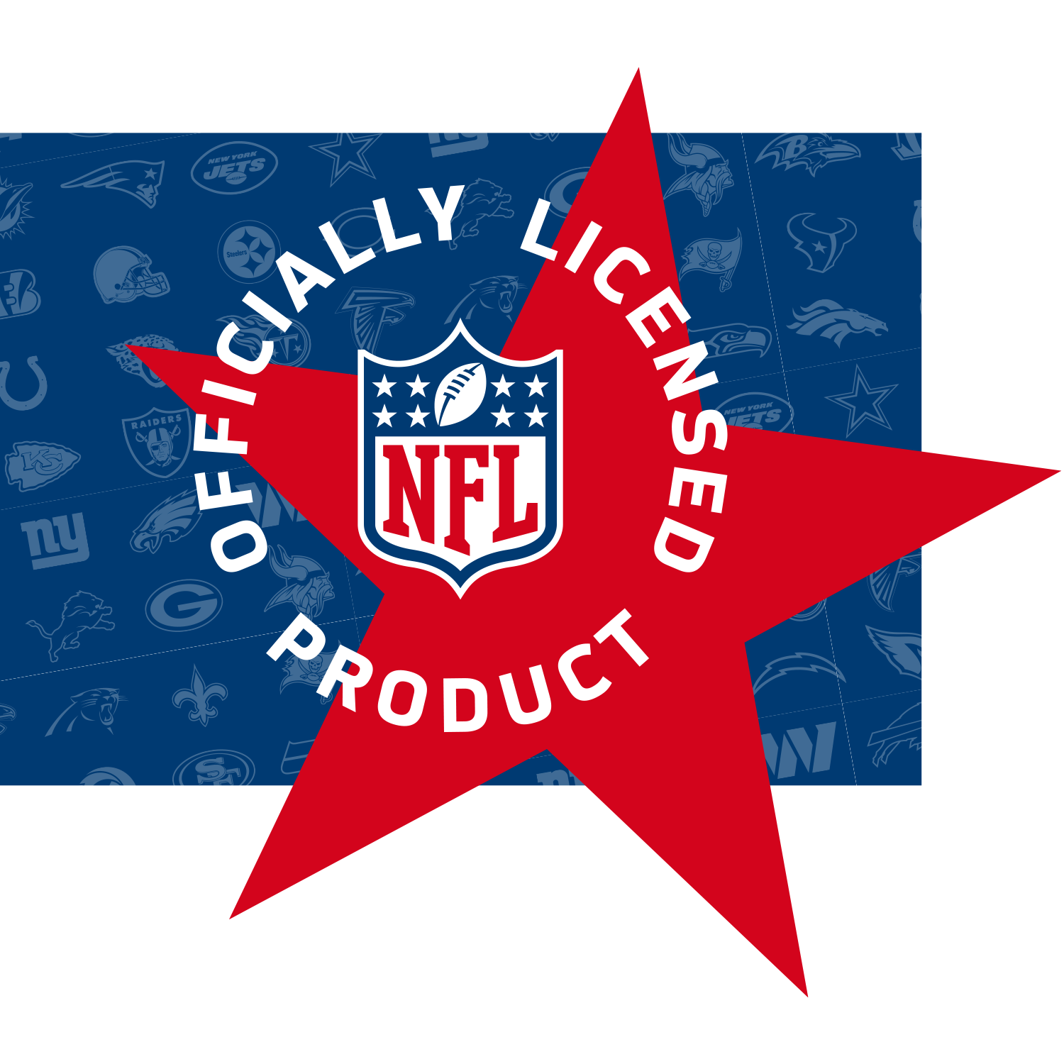 Offiziell lizenziertes NFL-Produkt-Siegel in Rot mit NFL-Logo und Teamlogos im Hintergrund.