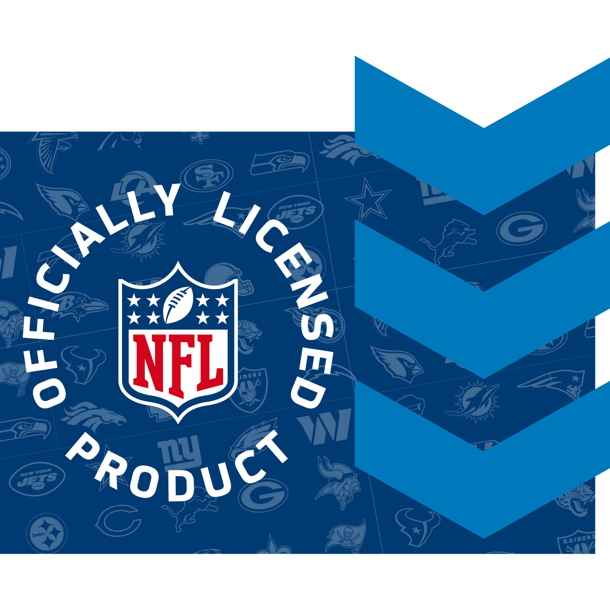 Blauer Hintergrund mit NFL Logo und Teamemblemen mit dem Text "Officially Licensed Product" als Gütesiegel.