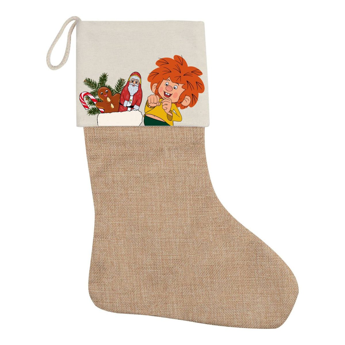 Pumuckl Weihnachtssocke Nikolaus aus Jute mit bedrucktem Bund, zeigt Pumuckl, Weihnachtsmann und Lebkuchenmann.