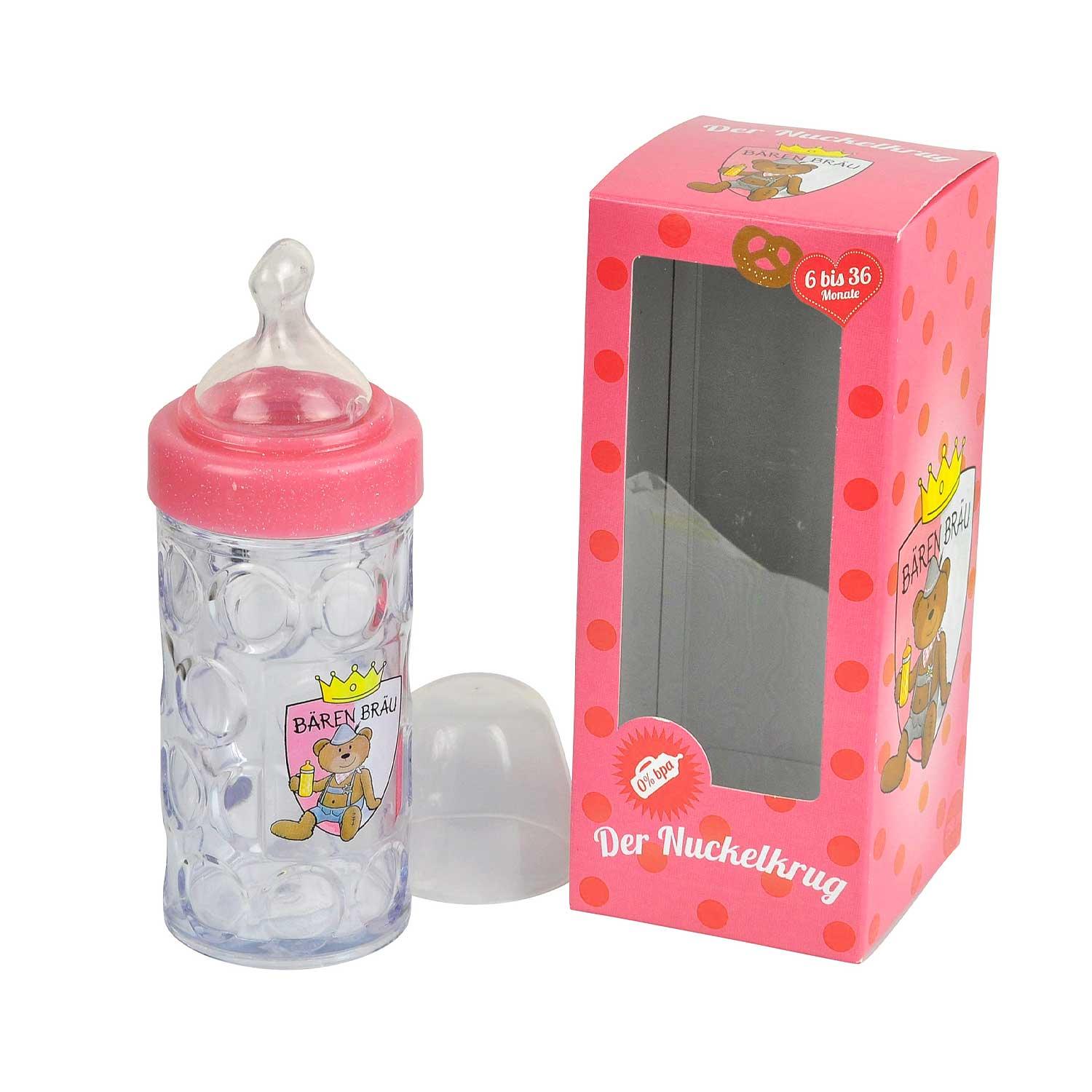 Babyflasche "Der Nuckelkrug" in Krugform mit rosa Deckel und Bärchen-Design, in passender Geschenkbox.