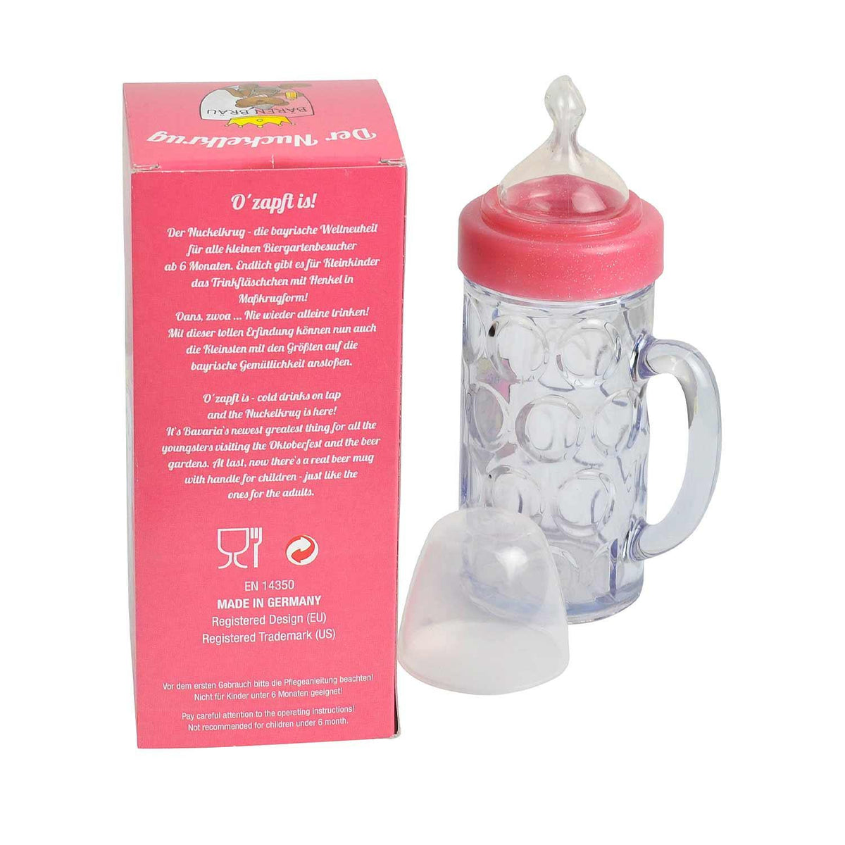 Origineller Nuckelkrug in Maßkrugform für Babys und Kleinkinder ab 6 Monaten, in pinker Verpackung.