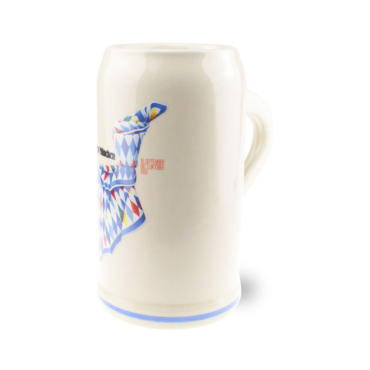 Vintage Offizieller Oktoberfestkrug 1993, cremefarben mit bayerischem Rautenmuster in Blau und Rot.