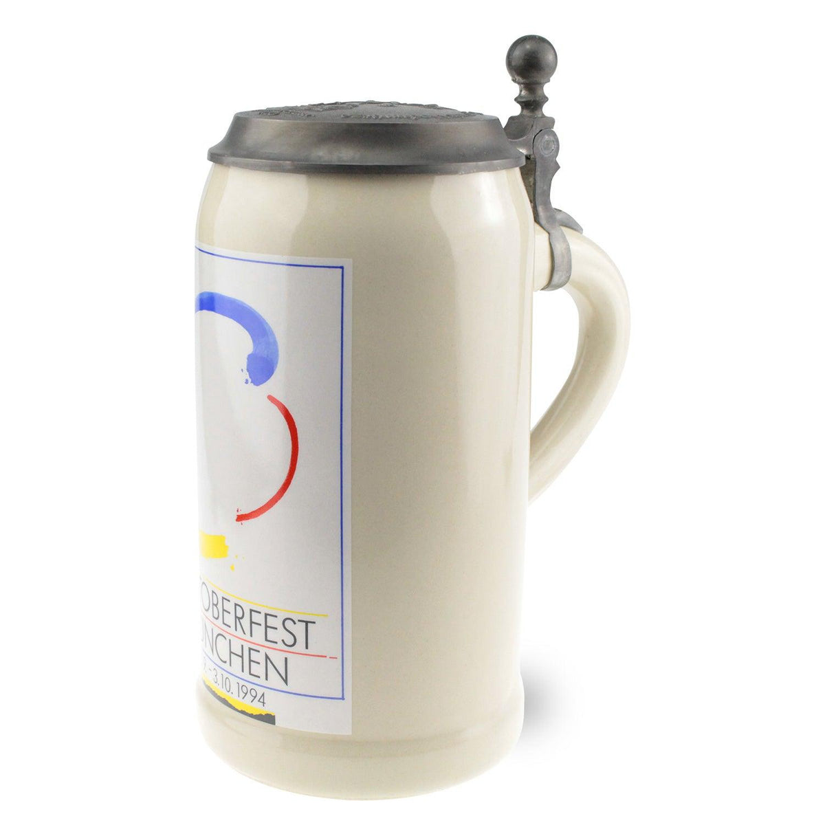 Oktoberfestkrug aus grau-beigem Steingut mit Zinndeckel, farbigem Wiesn-Motiv 1994, Schriftzug und 1 Liter Füllmenge.