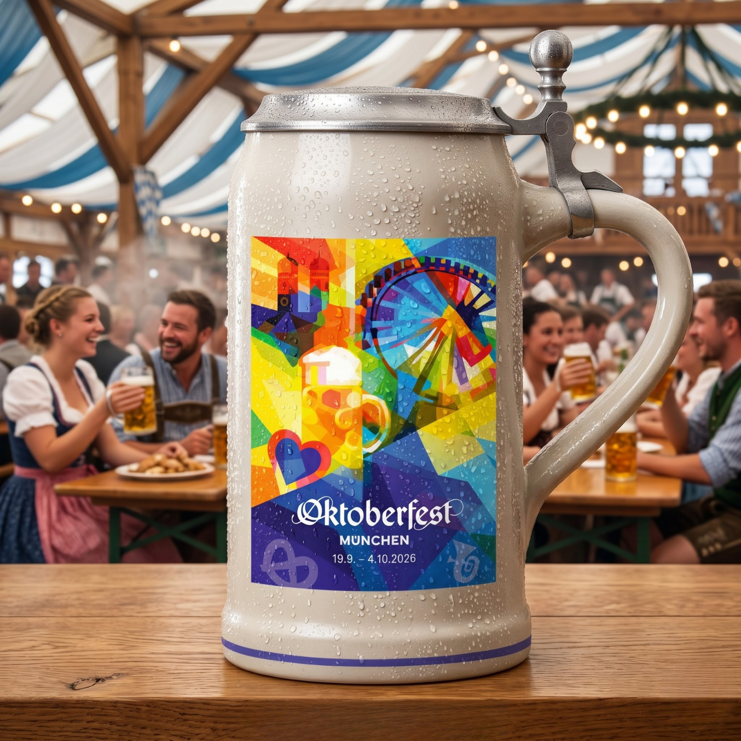 Offizieller Wiesnkrug 2026 mit buntem Oktoberfest-Motiv, Zinndeckel und Kondenswasser auf Holztisch.