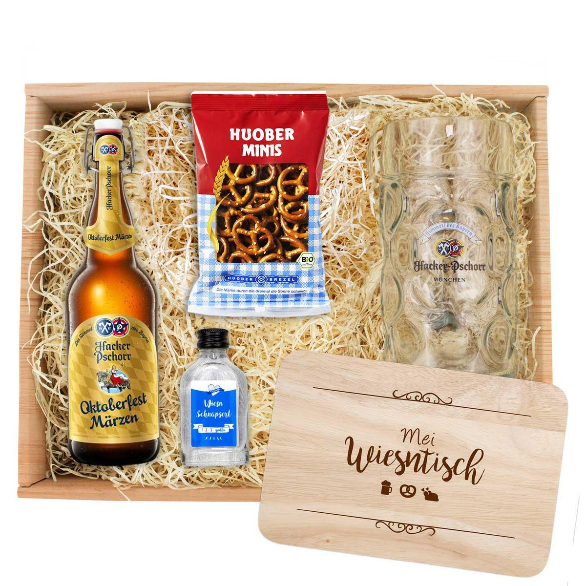 Oktoberfest-Box Hacker Pschorr 2 mit Bierflasche, Schnaps, Brezeln, Krug und Holzbrett.