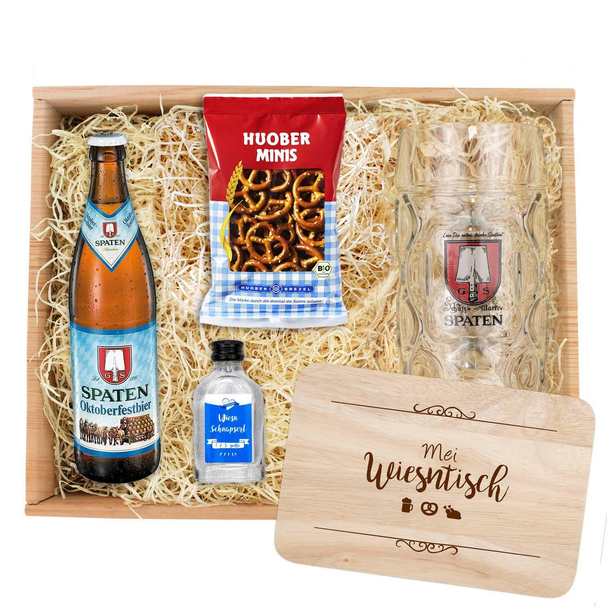 Oktoberfest-Box Spaten 2 mit Bierflasche, Lebkuchen, Wiesn-Schnapserl, Maßkrug und Brotzeitbrett.