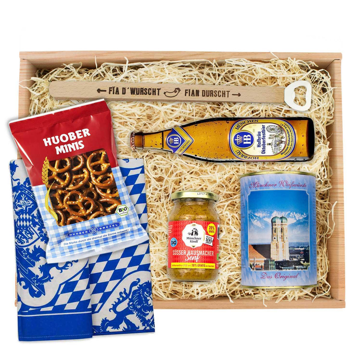 Oktoberfest-Box "Weißwurschtfrühstück" mit Weißwürsten, süßem Senf, Brezel-Minis, Bier und bayerischem Geschirrtuch.