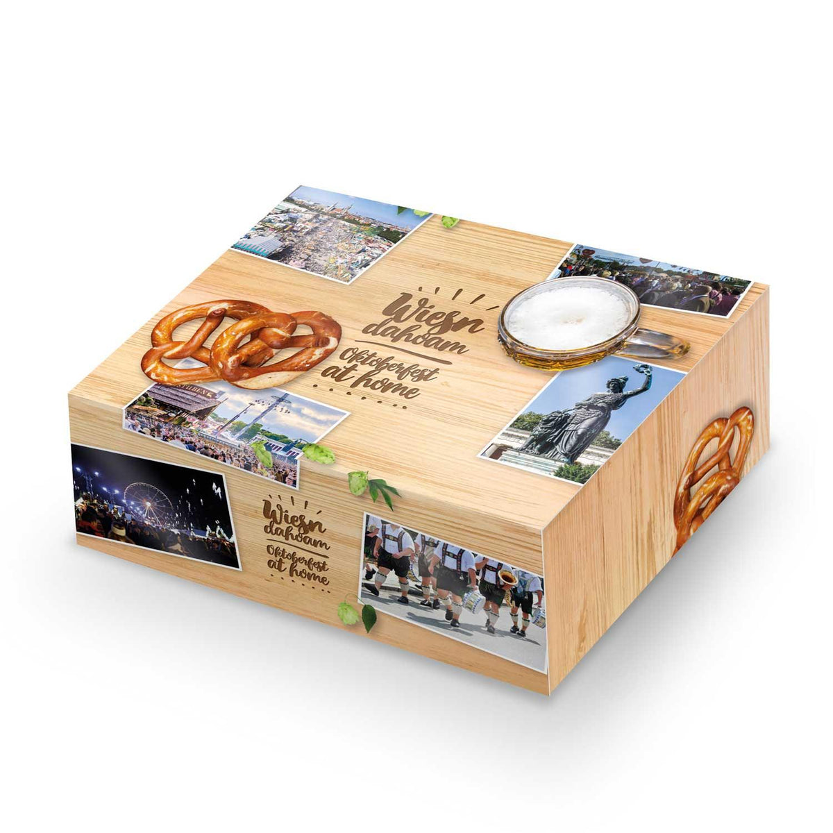 Oktoberfest-Box zum Selbstbefüllen mit Holzoptik, Brezeln, Bierkrug und Münchner Motiven bedruckt.