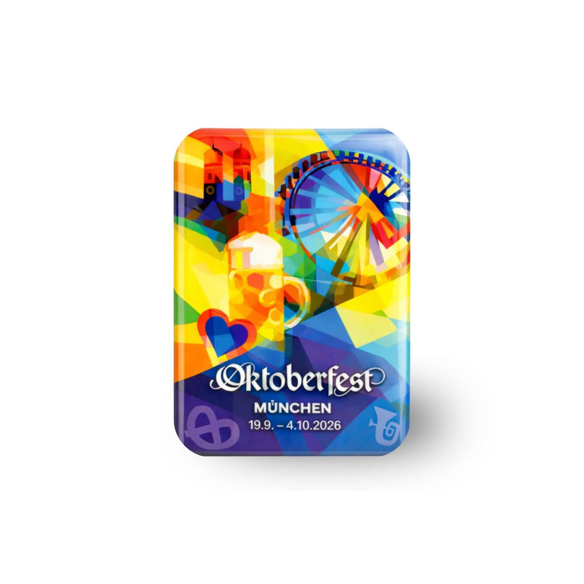 Offizieller Oktoberfest 2026 Pin mit bunten Motiven von Münchner Wahrzeichen, Bierkrug und Brezel.