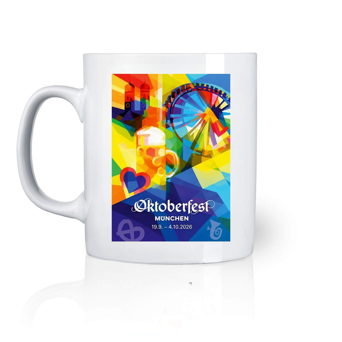 Weiße Keramiktasse mit farbenfrohem Oktoberfest 2026 Design: Riesenrad, Frauendom und Maßkrug.