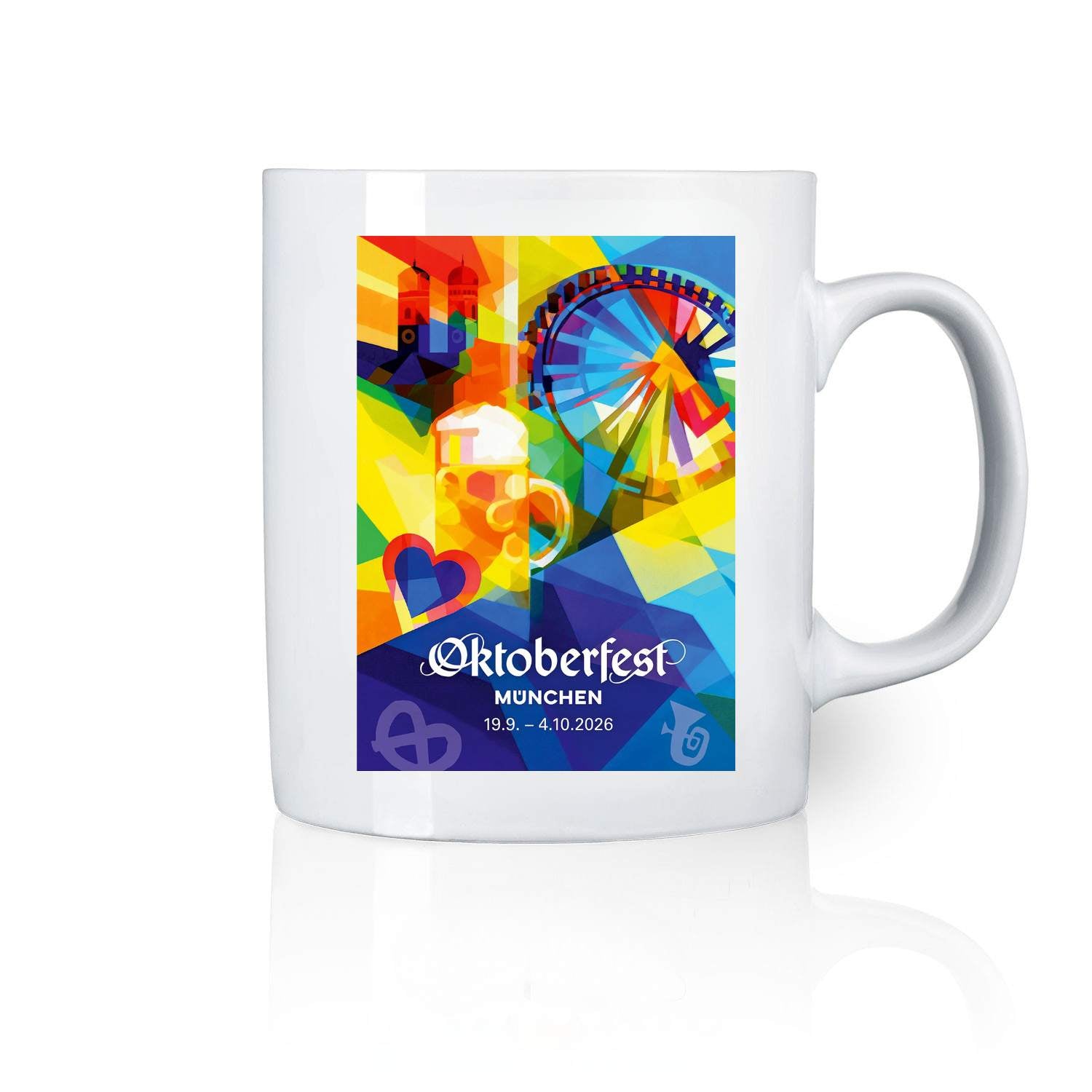 Sammlertasse Oktoberfest 2026 mit farbenfrohem, grafischem Design: Bierkrug, Riesenrad, Marienplatz-Türme und Münchner Symbole.