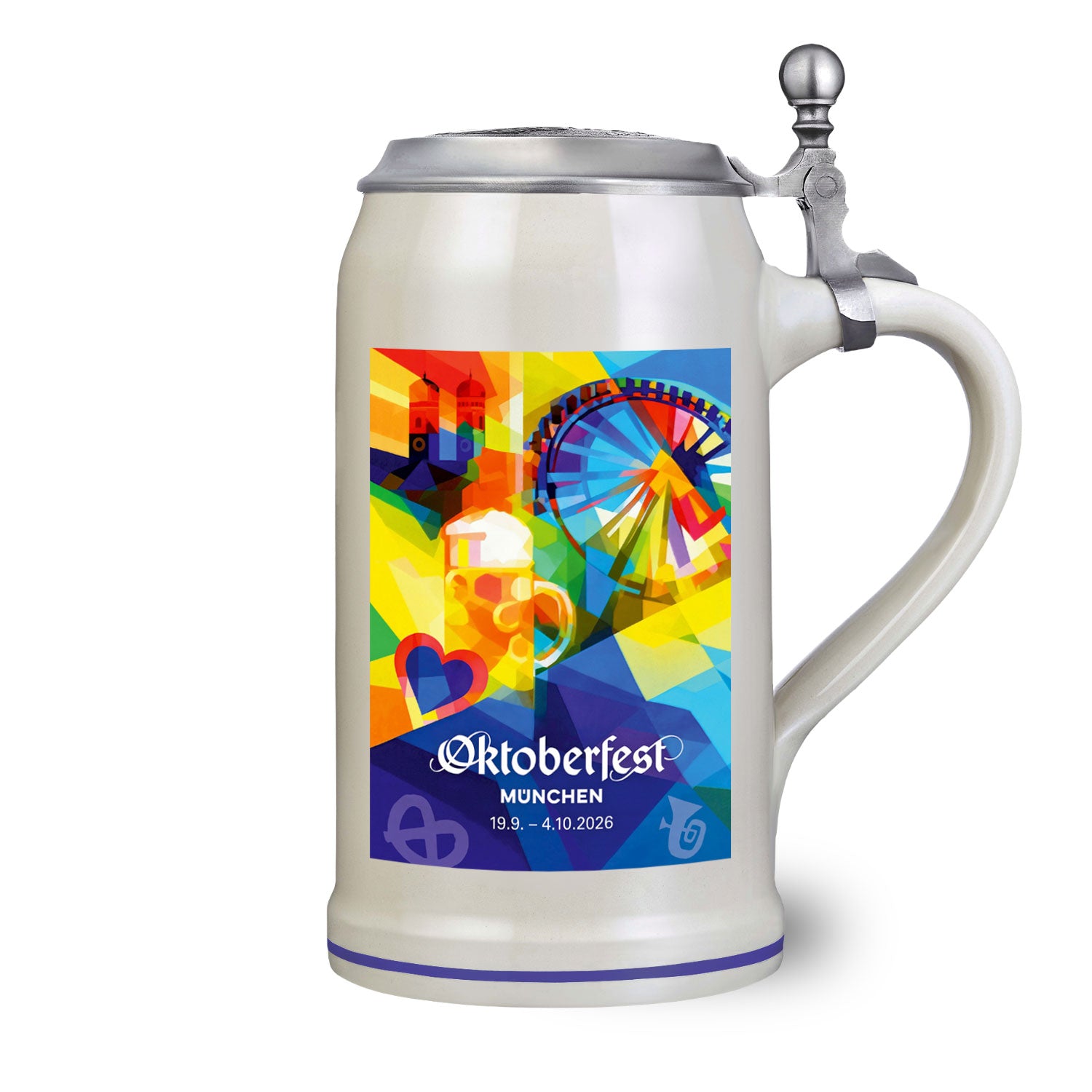 Offizieller Oktoberfestkrug 2026 mit Zinndeckel und mit farbenfrohem Motiv von Heiliggeistkirche und Riesenrad