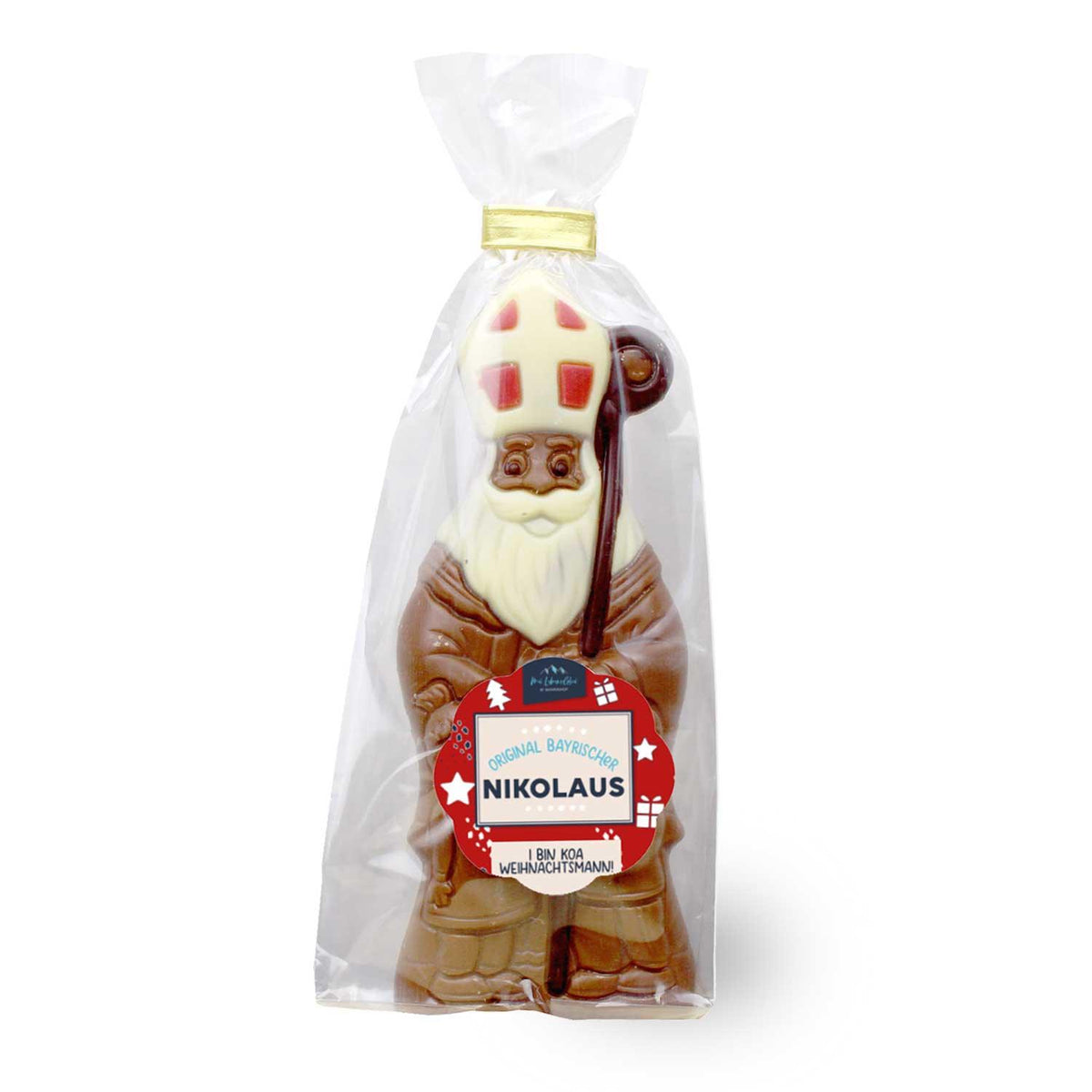 Original Nikolaus aus Schokolade, im Bischofsgewand mit Mitra und Hirtenstab, einzeln verpackt.