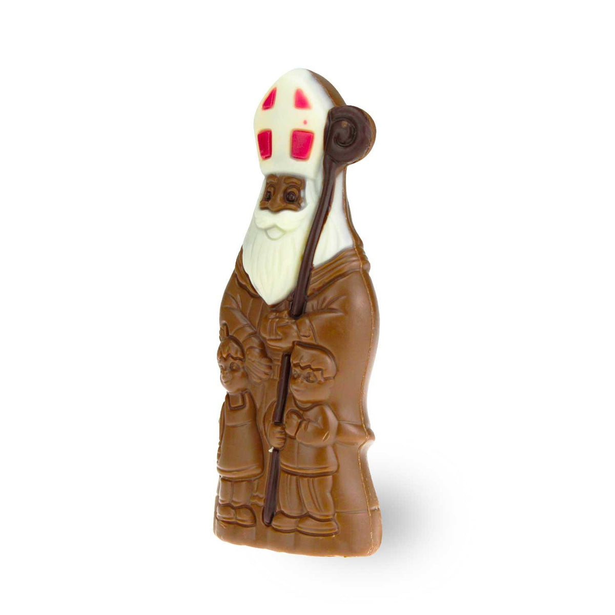 Original Nikolaus aus Schokolade, detaillierte braune Figur mit weißem Bart und roter Mitra, hält Hirtenstab.