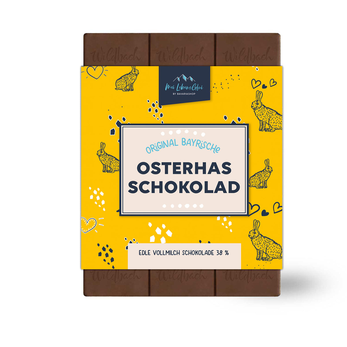 Original bayerischer Osterhas Schokolad, edle Vollmilchschokolade 38% im gelben Hasen-Design für Ostern.