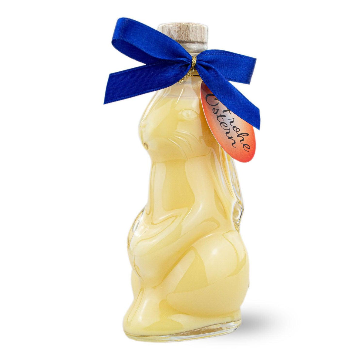 Osterhasen Eierlikör in Hasenflasche mit hellgelbem Likör, blauem Band und Frohe Ostern Etikett