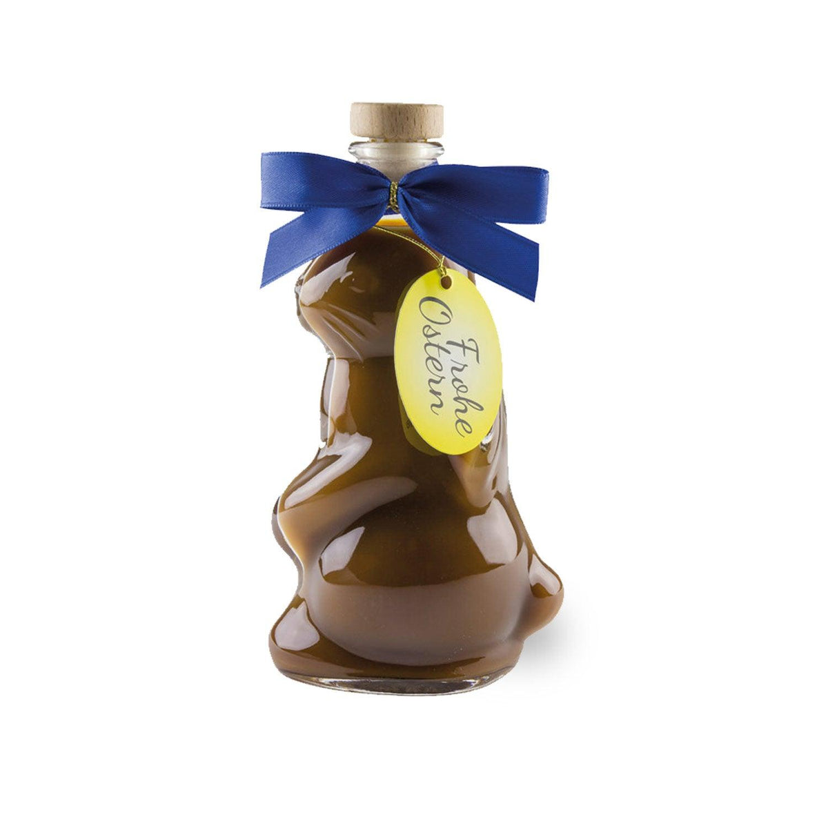 Osterhasen Schoko-Sahne-Likör in Hasenflasche mit blauem Band und Frohe-Ostern-Anhänger.