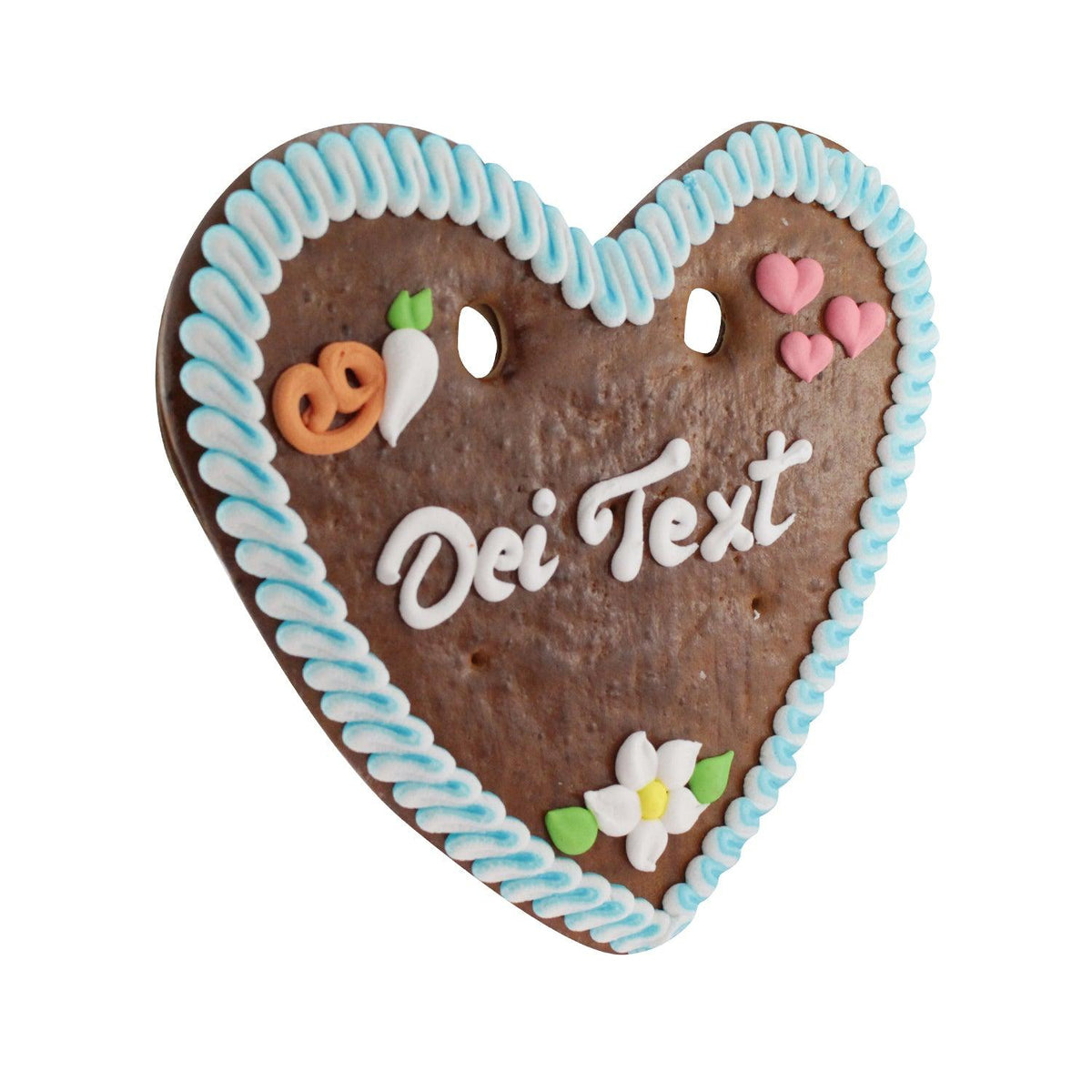 Braunes Lebkuchenherz mit blau-weißer Zuckerrandverzierung, bunten Motiven und individueller Beschriftung