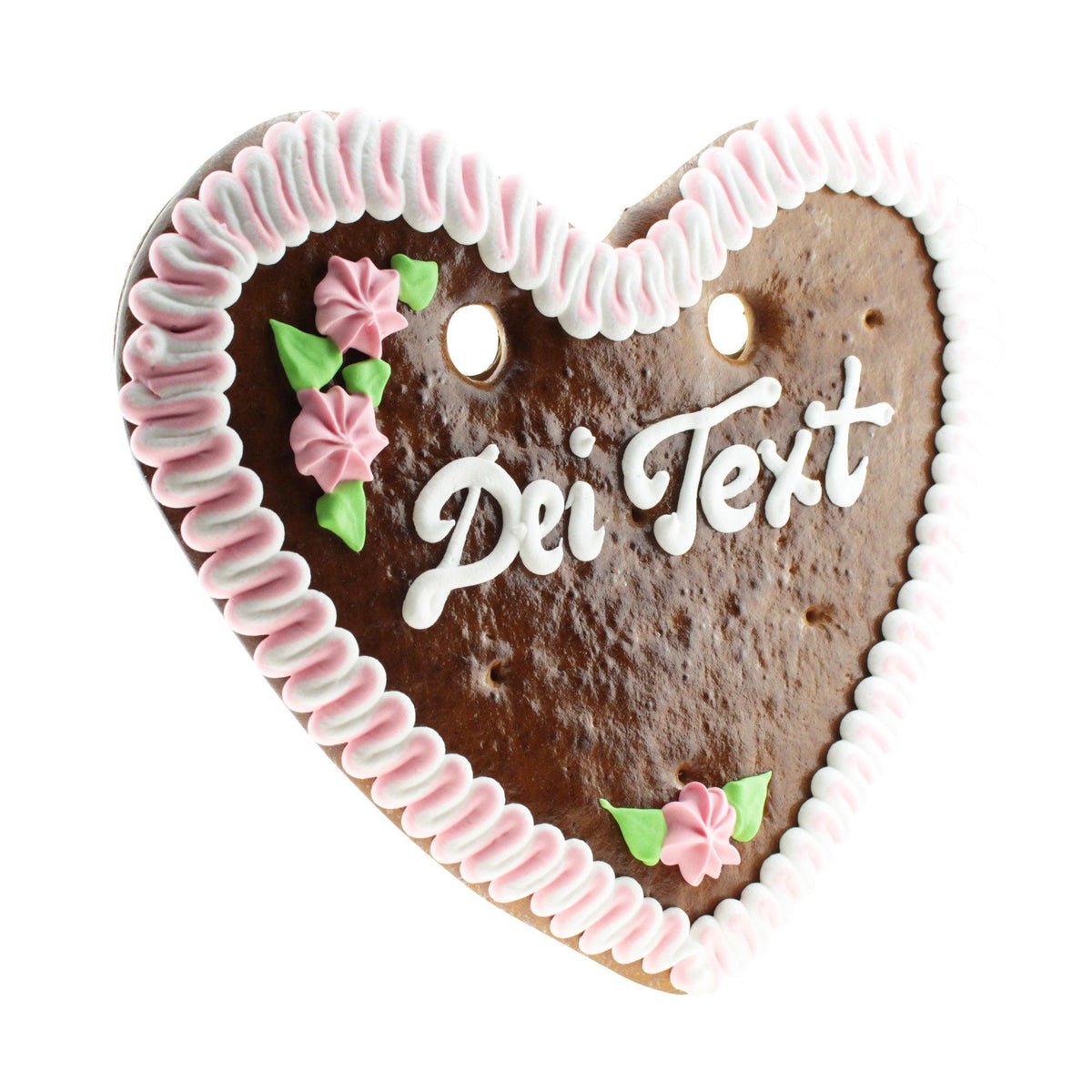 Braunes Lebkuchenherz mit weiß-rosa Zuckergussrand, rosa Zuckerblumen und dem Schriftzug "Dei Text".