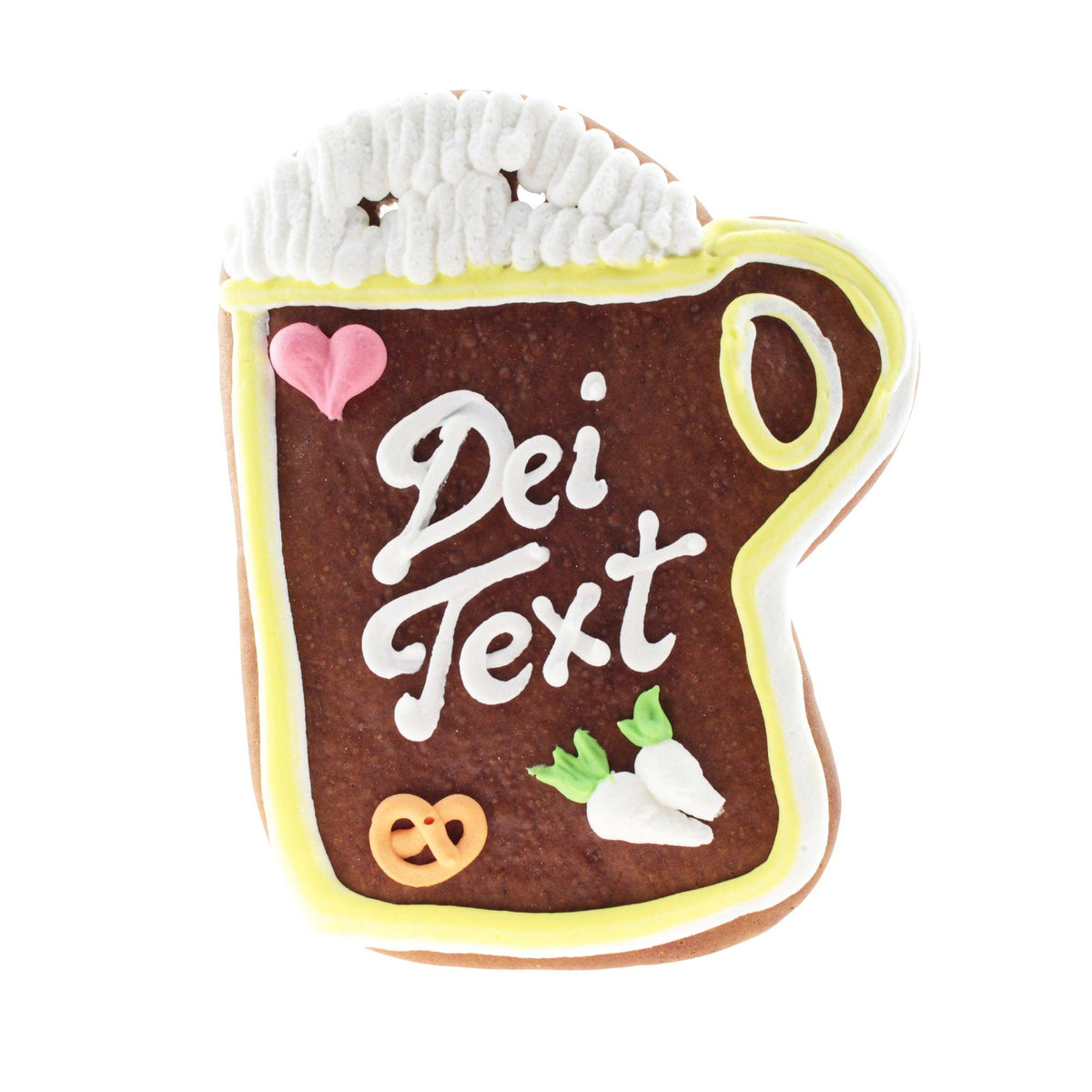 Lebkuchenherz in Form eines Bierkrugs mit weißer Aufschrift "Dei Text", rosa Herz, Brezel und Radieschen.