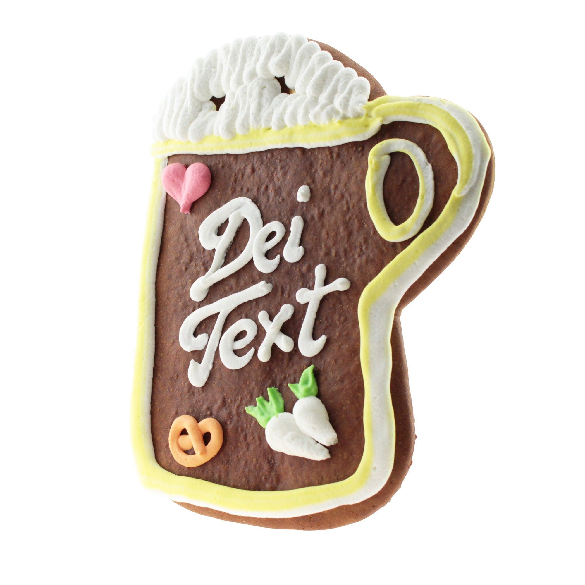 Lebkuchenherz in Form eines Bierkrugs mit weißer Zuckerguss-Aufschrift "Dei Text", Brezel, Rettich und Herz