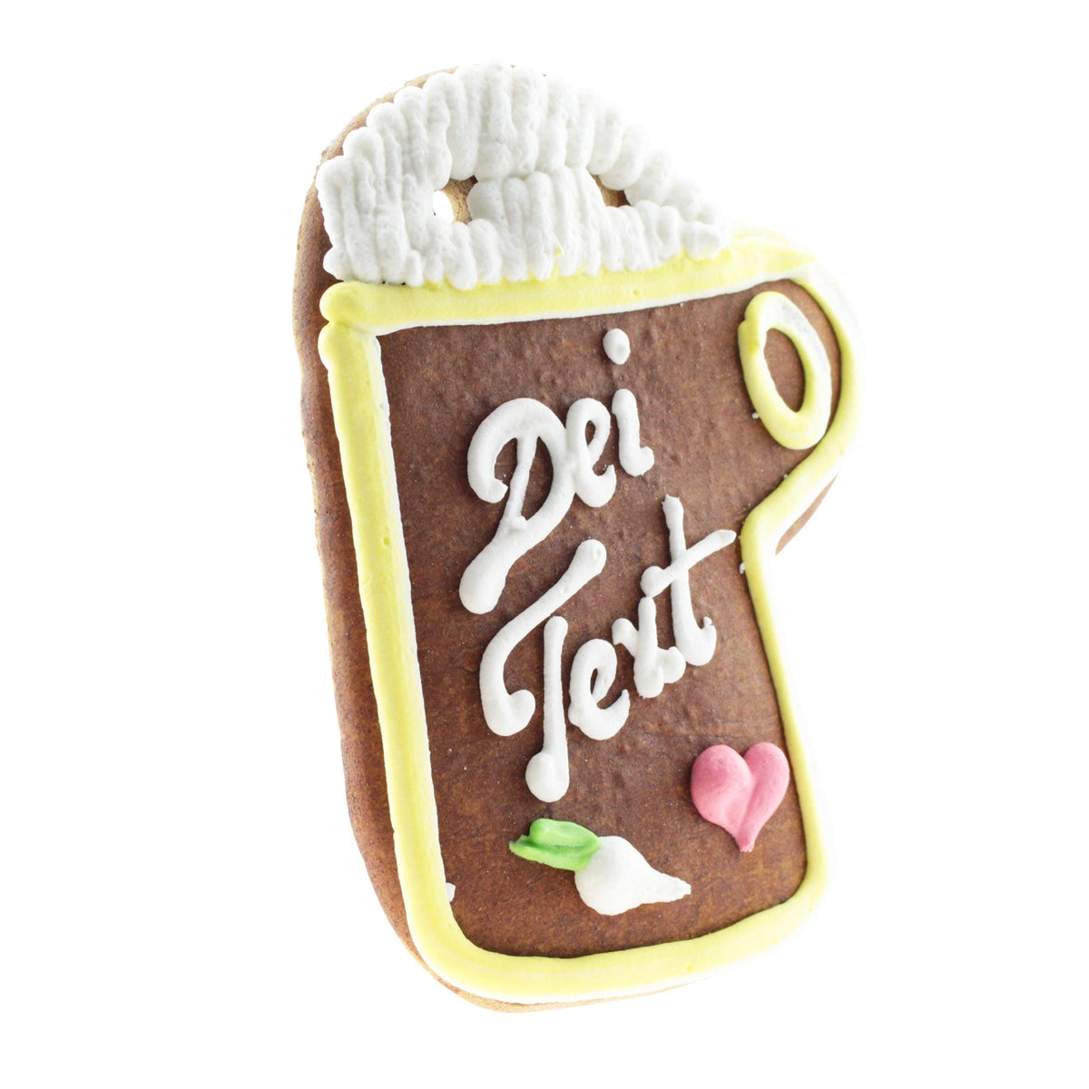 Lebkuchen-Maßkrug mit weißer Zuckerguss-Beschriftung "Dei Text", rosa Herz und Radieschen.