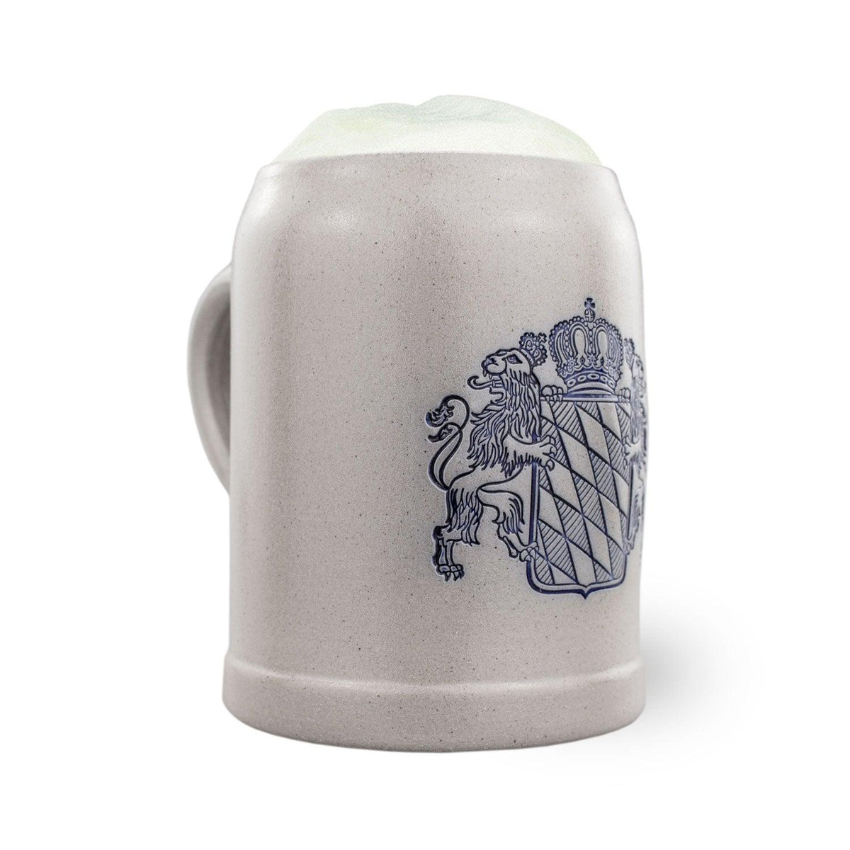 PREMIUM Bierkrug „Bayern“ mit Bierschaum: salzglasiertes Steinzeug mit blau ausgelegtem bayerischem Wappen