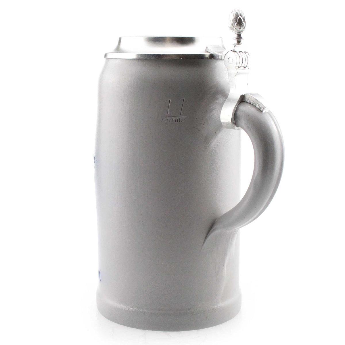Grauer Bierkrug aus Keramik mit schlichtem Design, glasiertem Zinndeckel und Henkel.